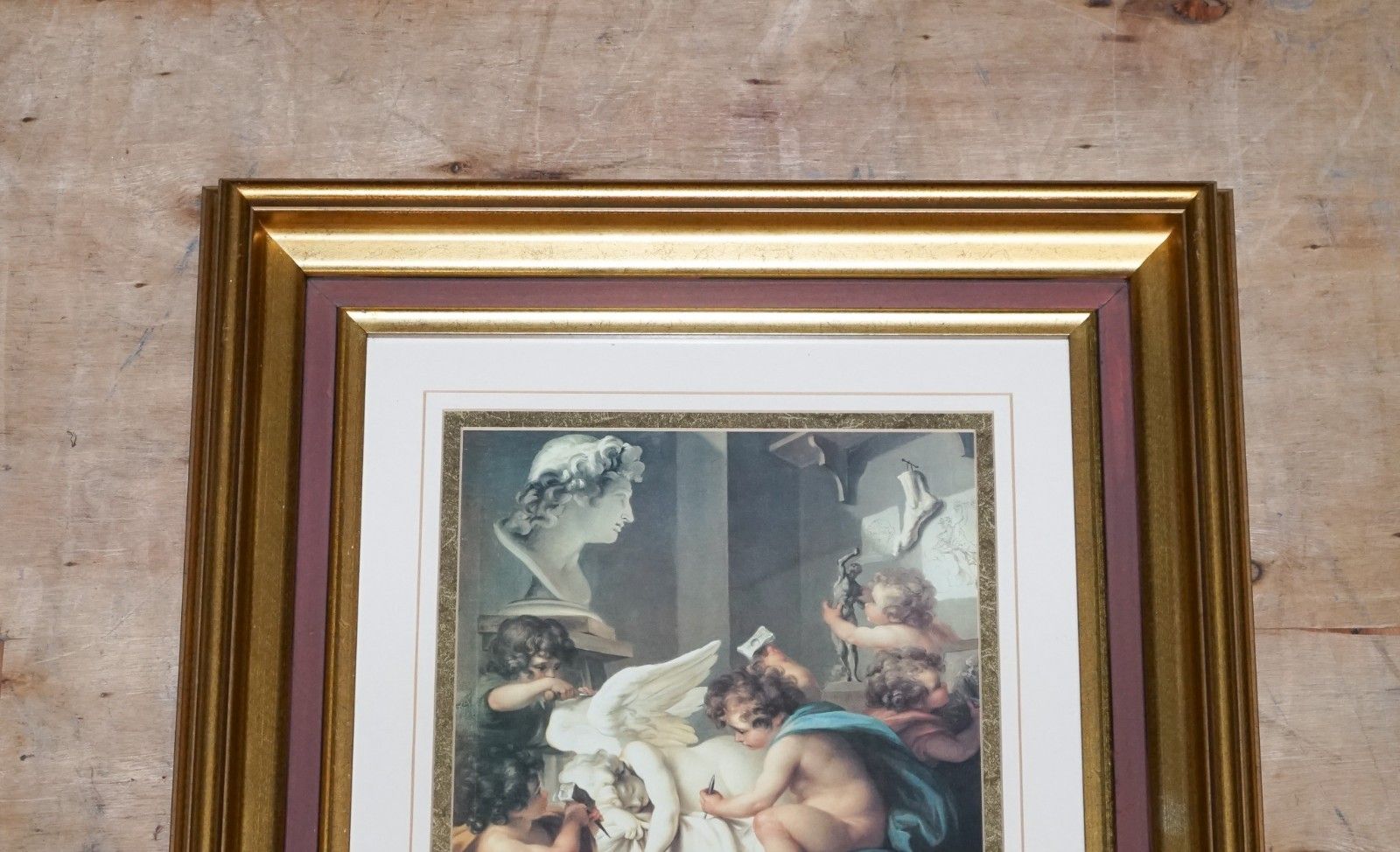 Vintage Renaissance Style Print Cherubs Sculpting An Angel Gold Frame 58 X 53 Cm photo for sale