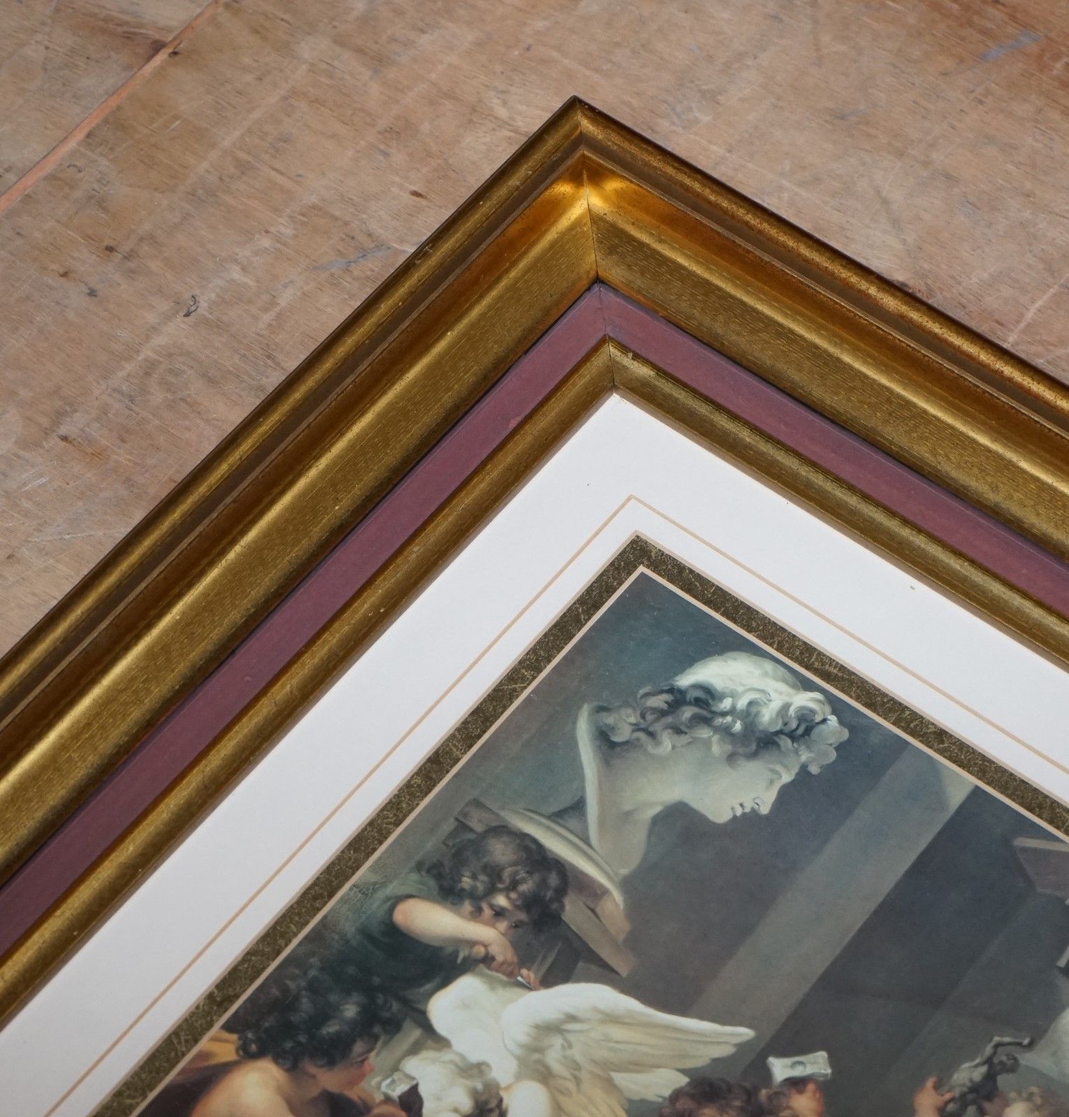 Vintage Renaissance Style Print Cherubs Sculpting An Angel Gold Frame 58 X 53 Cm photo 275.0