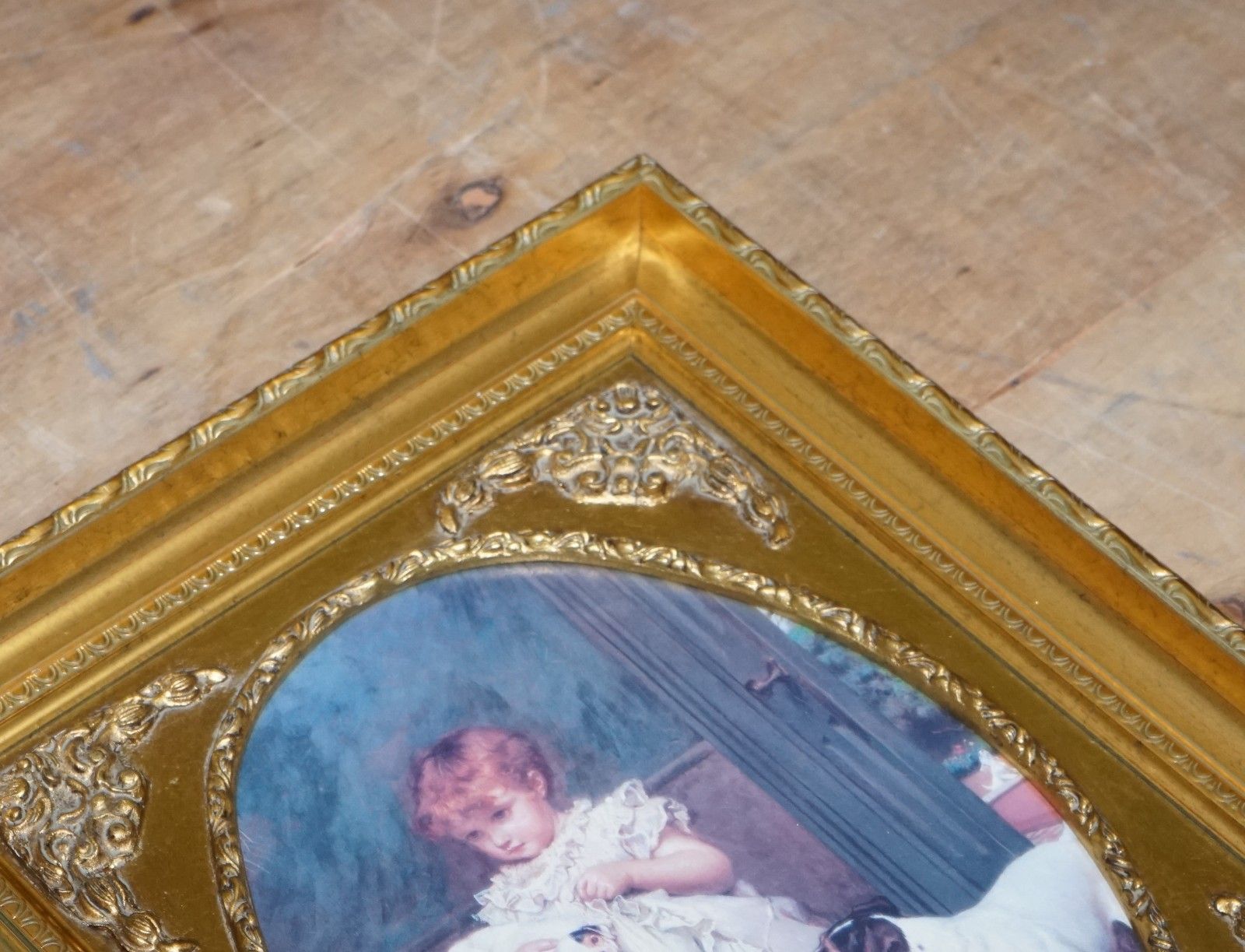 Vintage Victorian Style Print Girl With Dog And Puppies Gitled Frame 52 X 42 Cm photo vinterior