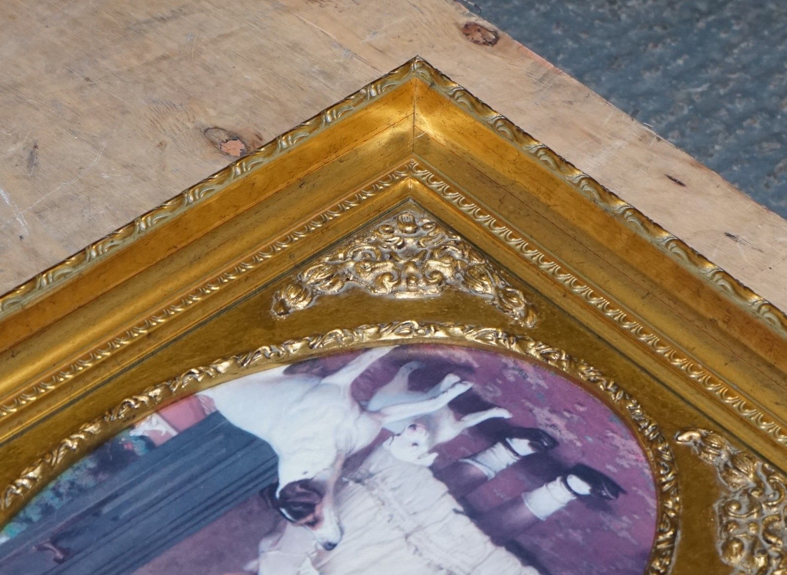 Vintage Victorian Style Print Girl With Dog And Puppies Gitled Frame 52 X 42 Cm photo buy