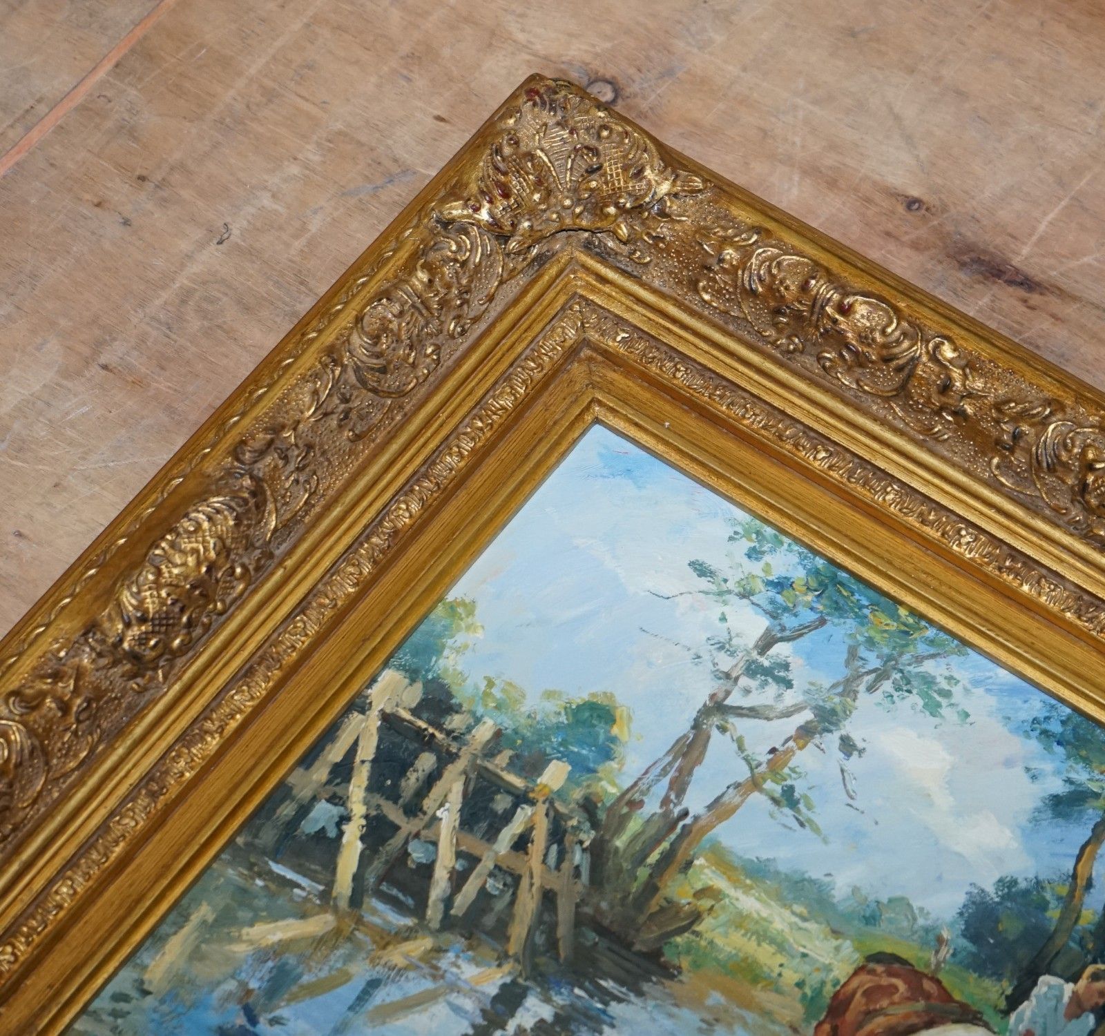 Antique Oil Painting Horse Rider Crossing A Stream Gilted Frame 49 X 60 Cm photo 650.0