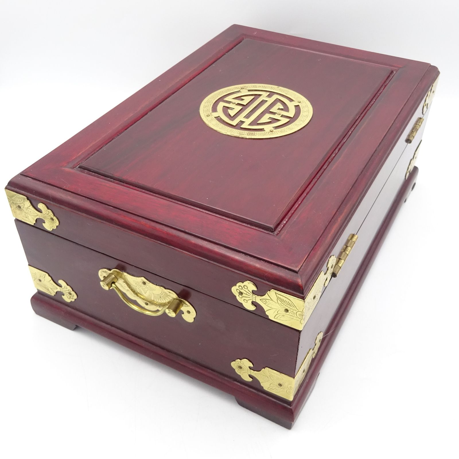 Vintage Large Chinese Redwood Jewellery Box Brass Trim photo for sale