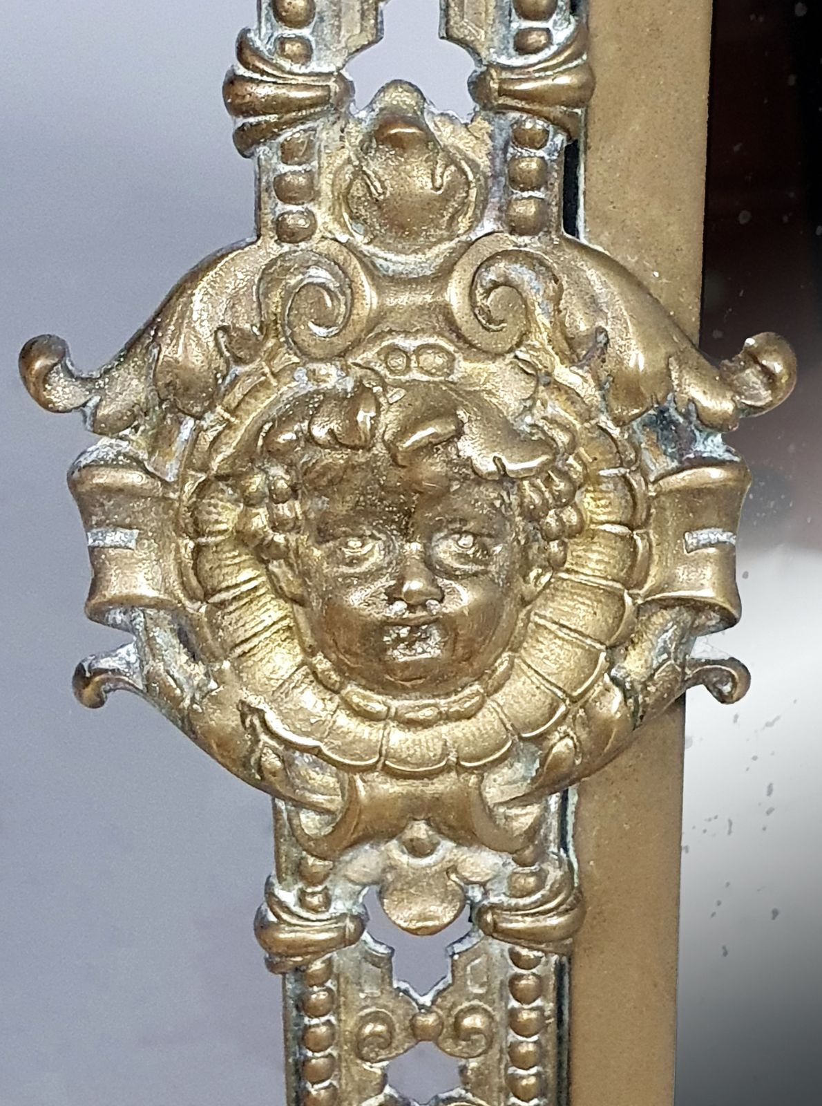 Victorian Brass Wall Hanging Mirror With Original Glass And Cherubs C. 1870 photo for sale