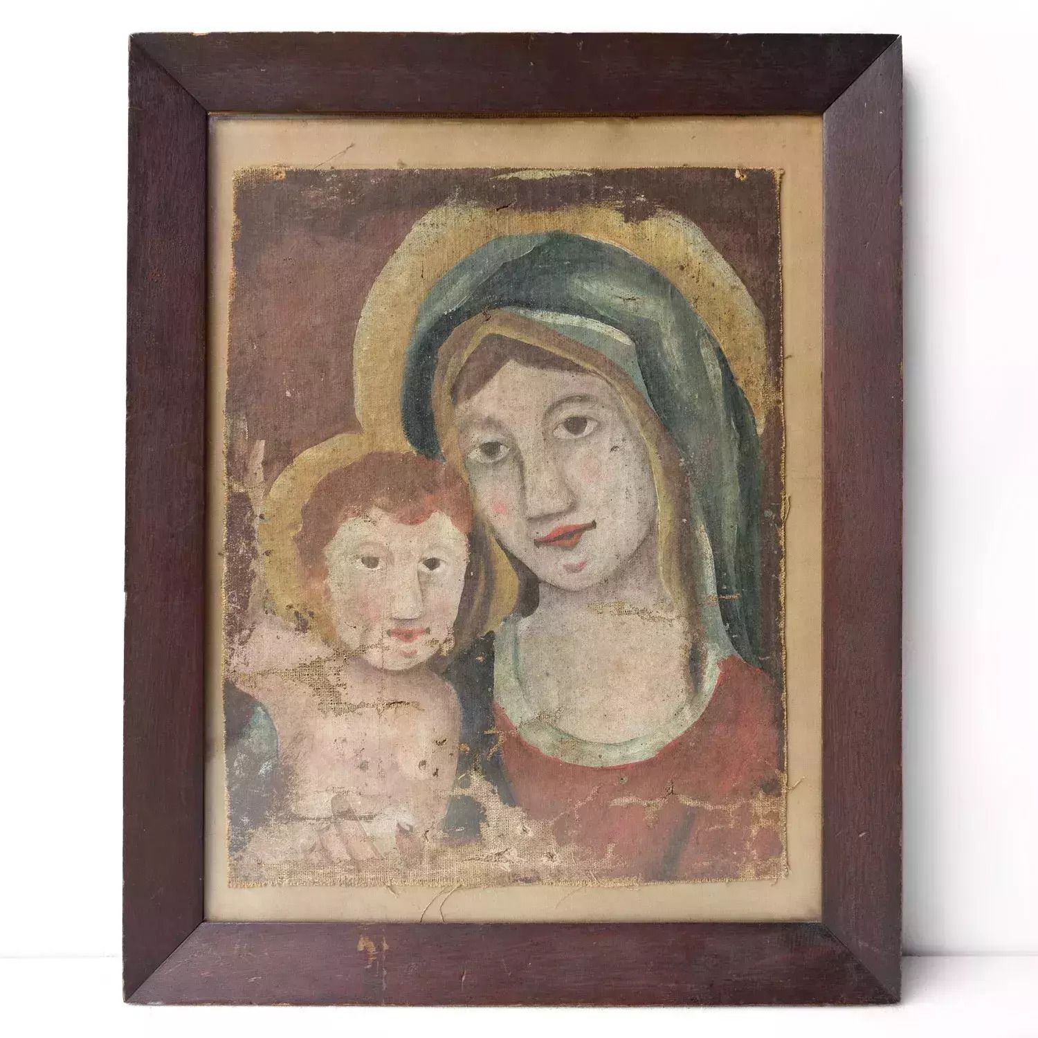 Early Naive School Madonna And Child, Original Antique Oil Painting, 18th C.