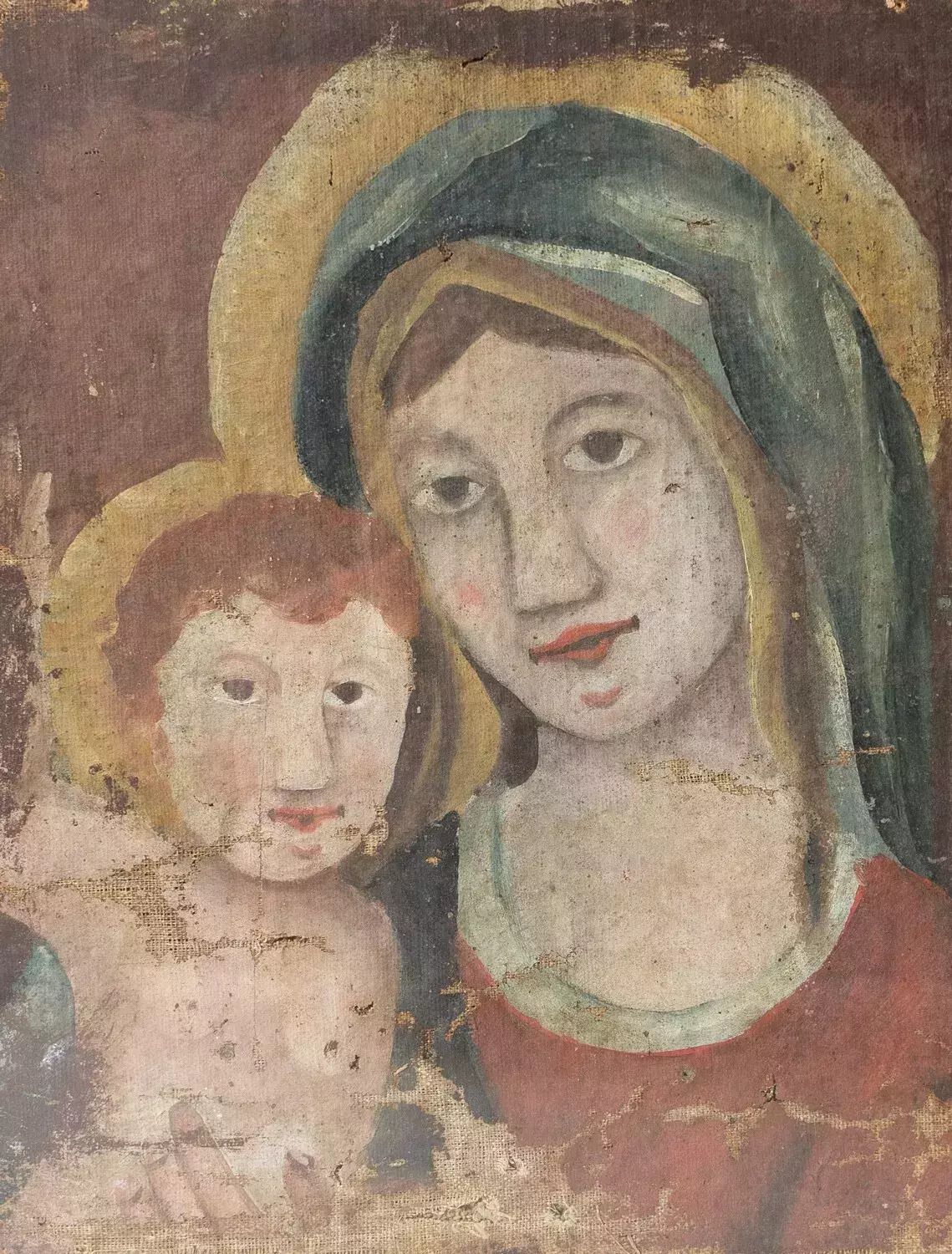 Early Naive School Madonna And Child, Original Antique Oil Painting, 18th C. photo furniture