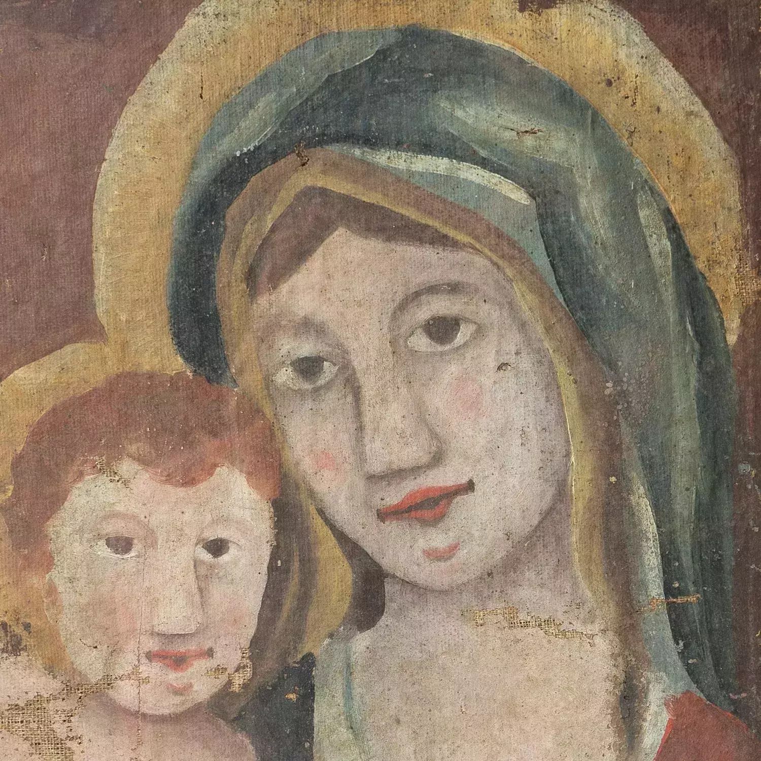 Early Naive School Madonna And Child, Original Antique Oil Painting, 18th C. photo for sale