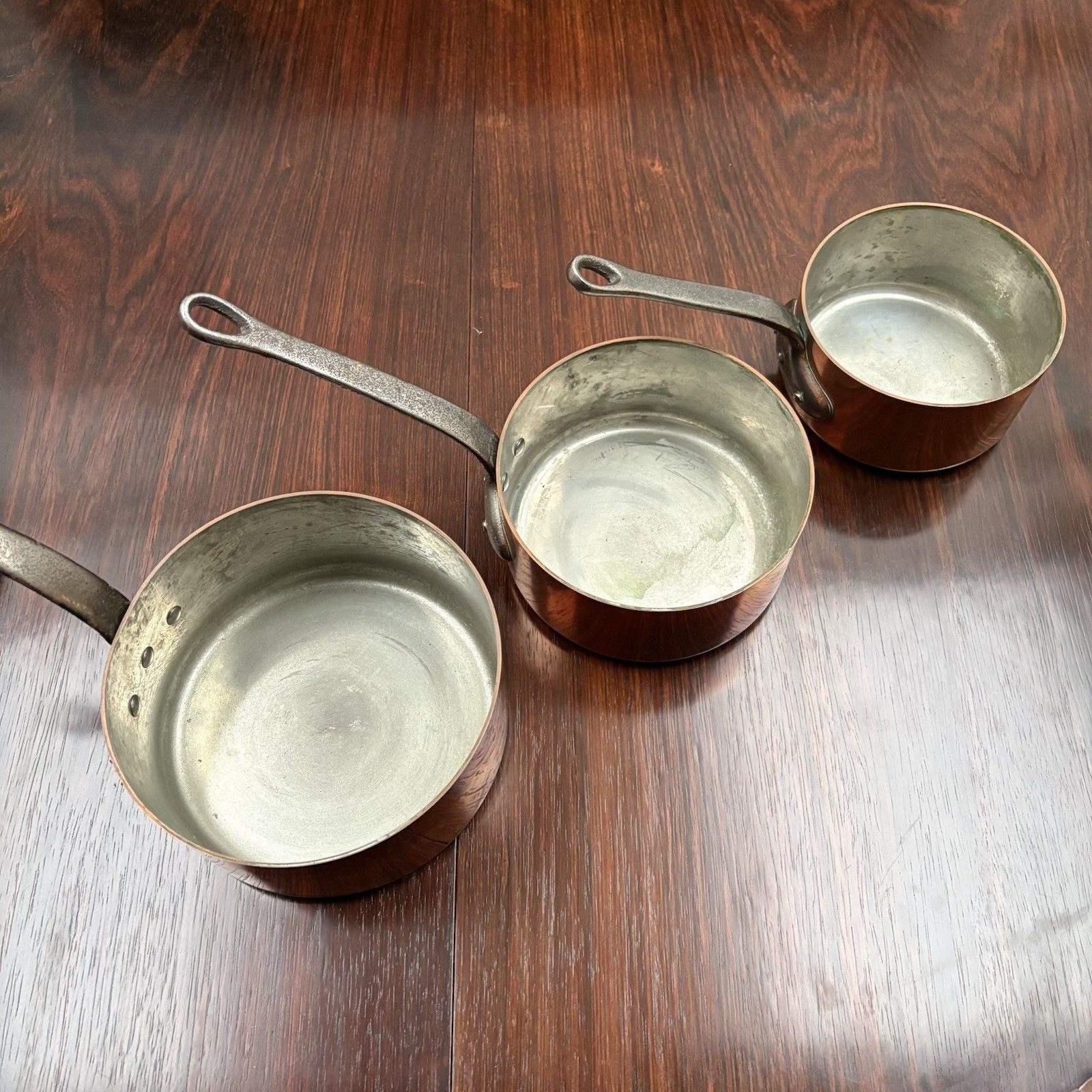 Set Of 3 Vintage French Copper Saucepains With Good Original Tin Lining photo 120.0