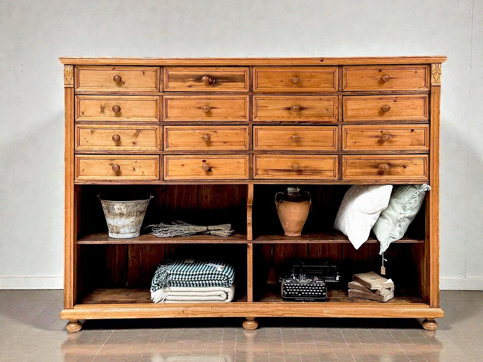 Large Antique Dutch Pine Haberdashery Bank Of Drawers Shelves