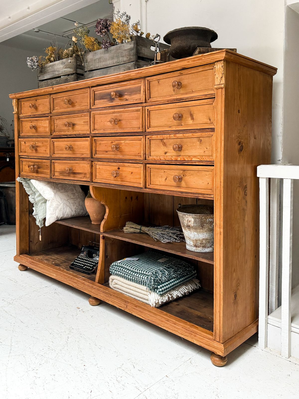 Large Antique Dutch Pine Haberdashery Bank Of Drawers Shelves photo buy