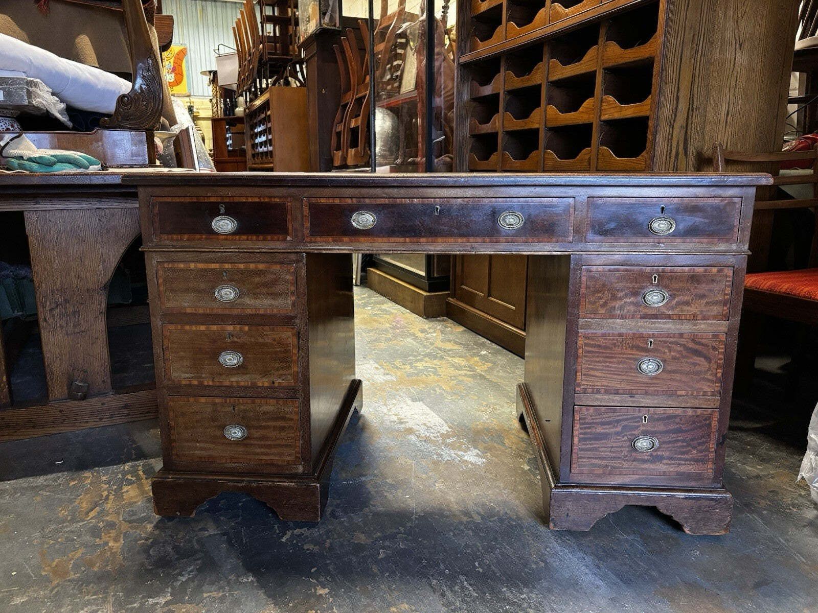 Edwardian Inlaid Mahogany Pedestal Desk With Brown Top. photo vintage