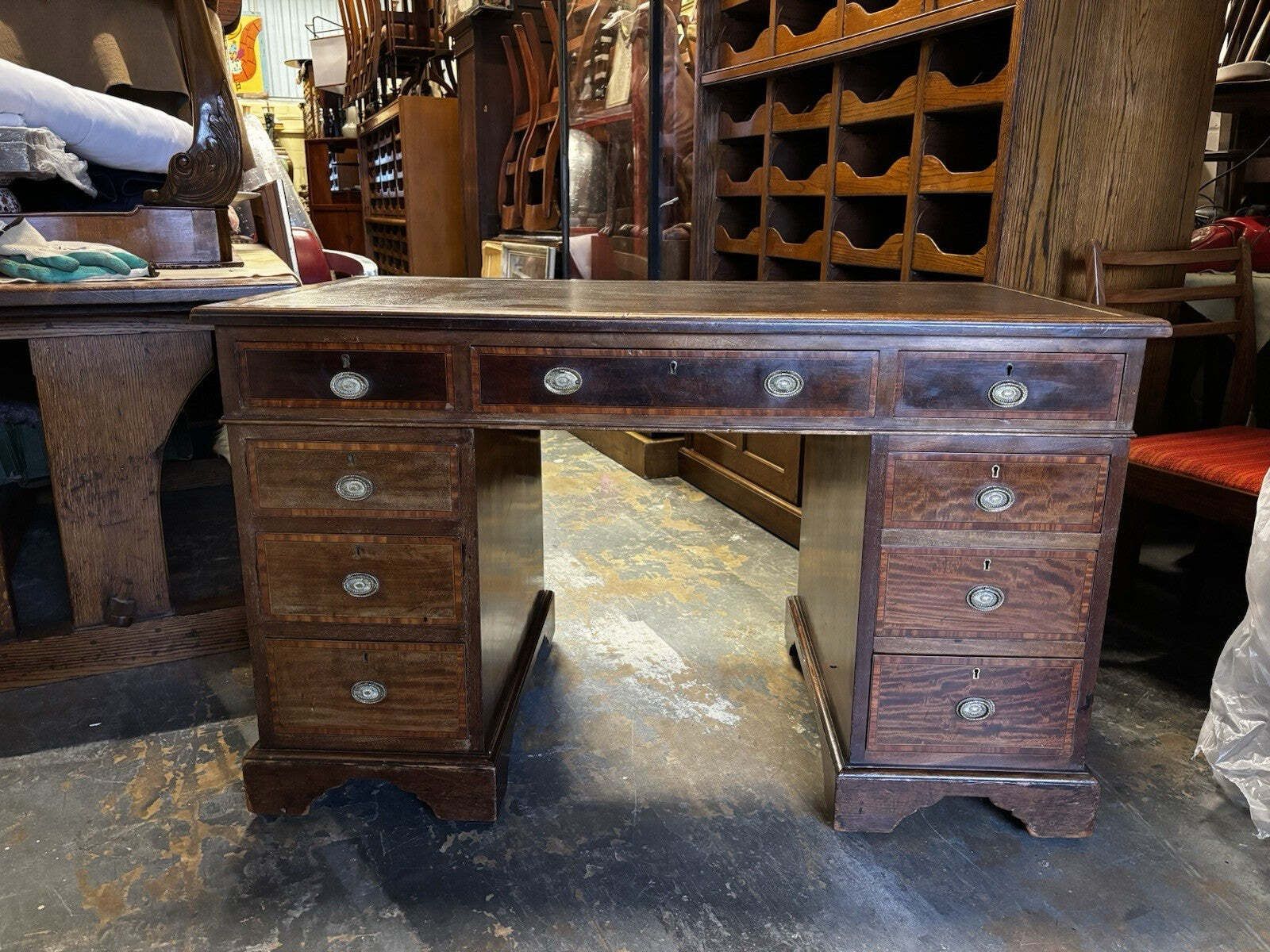 photo for sale Edwardian Inlaid Mahogany Pedestal Desk With Brown Top.