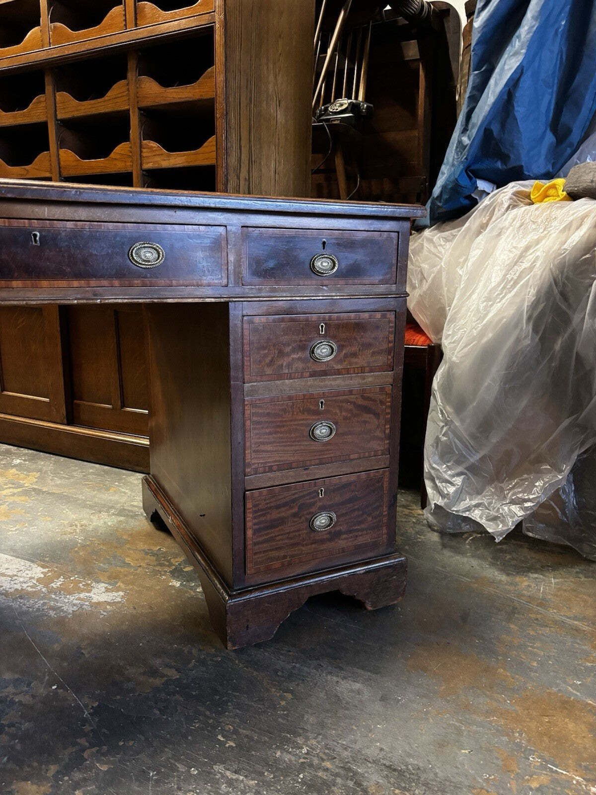 photo buy Edwardian Inlaid Mahogany Pedestal Desk With Brown Top.
