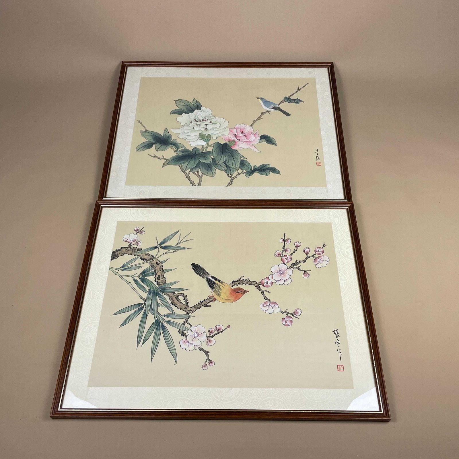 Pair Oriental Hand Painted Silk Pictures Floral Birds Asian Japanese Art Wall Decor Traditional Wall Artwork
