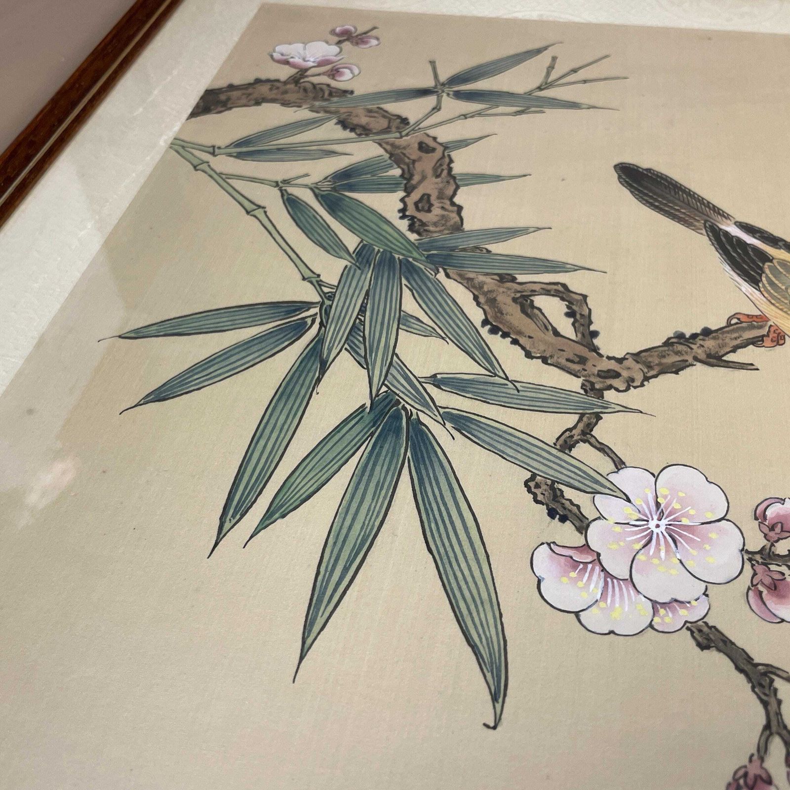 photo for sale Pair Oriental Hand Painted Silk Pictures Floral Birds Asian Japanese Art Wall Decor Traditional Wall Artwork
