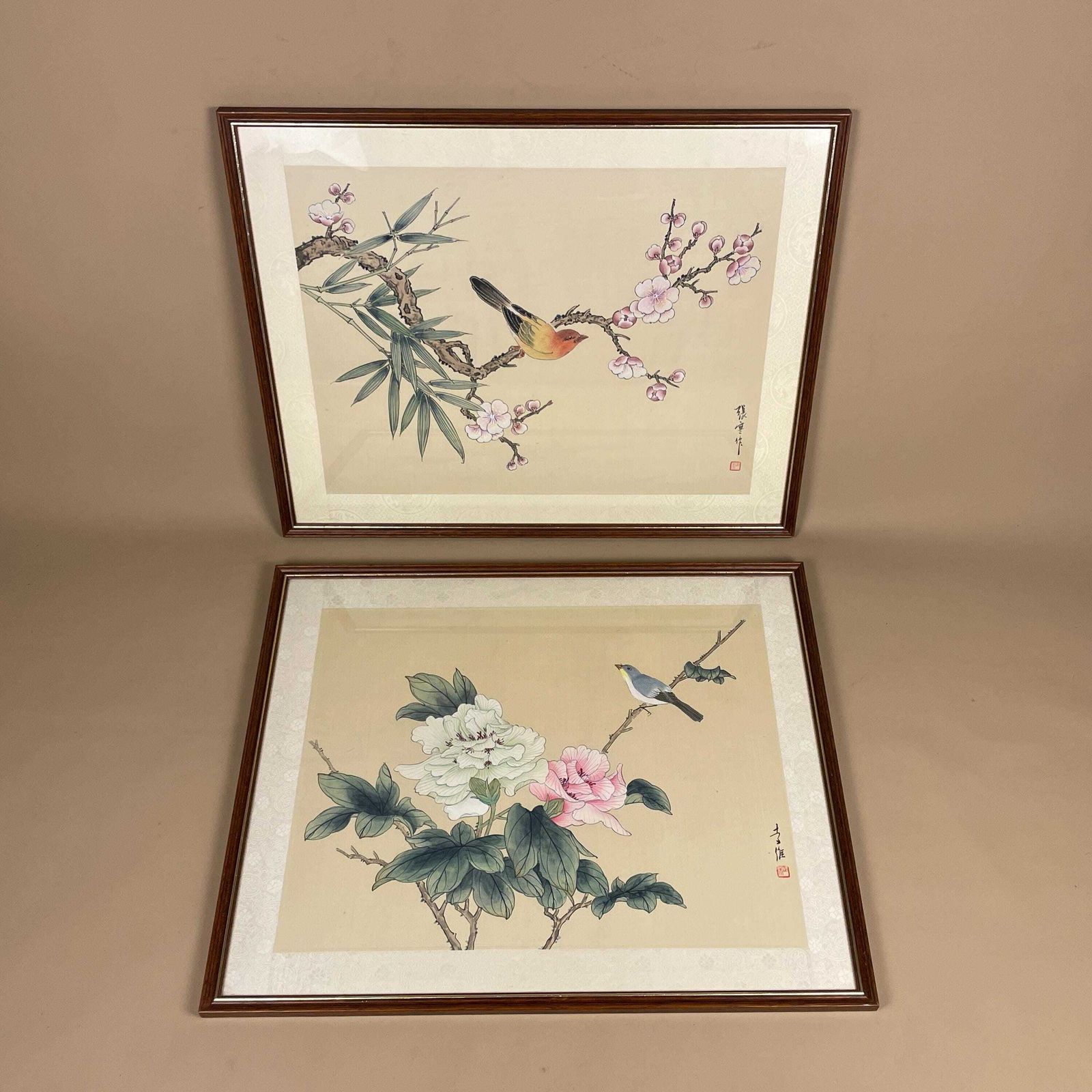 photo vinterior Pair Oriental Hand Painted Silk Pictures Floral Birds Asian Japanese Art Wall Decor Traditional Wall Artwork