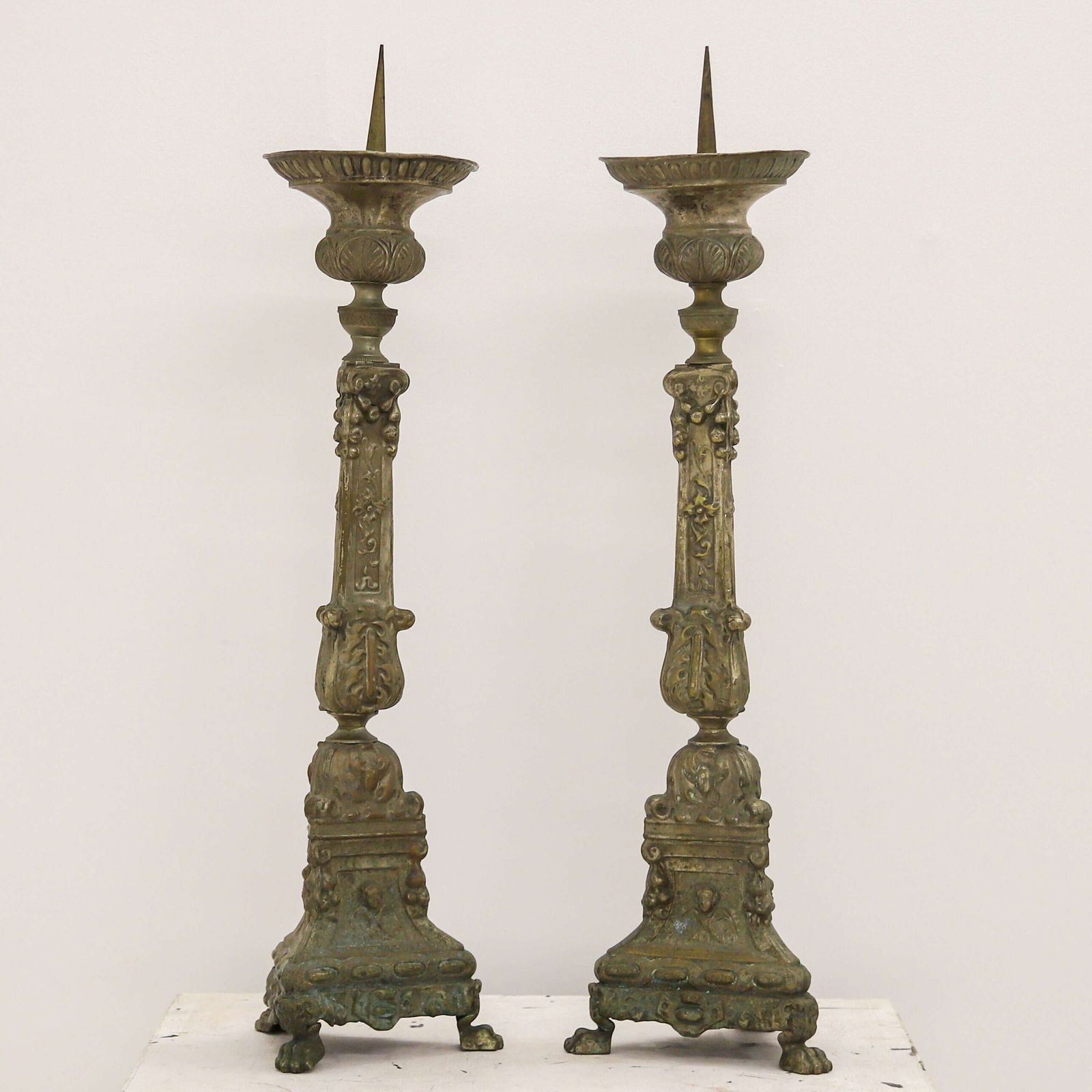 Pair Of Antique French Pricket Candlesticks With Angels And Traces Of Silver Plate photo furniture