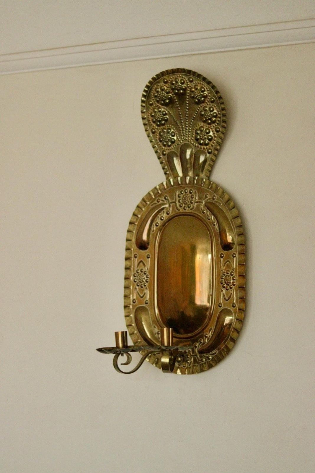 X Large Mid Century Swedish Brass Baroque Sconce With Double Arm Design photo vintage