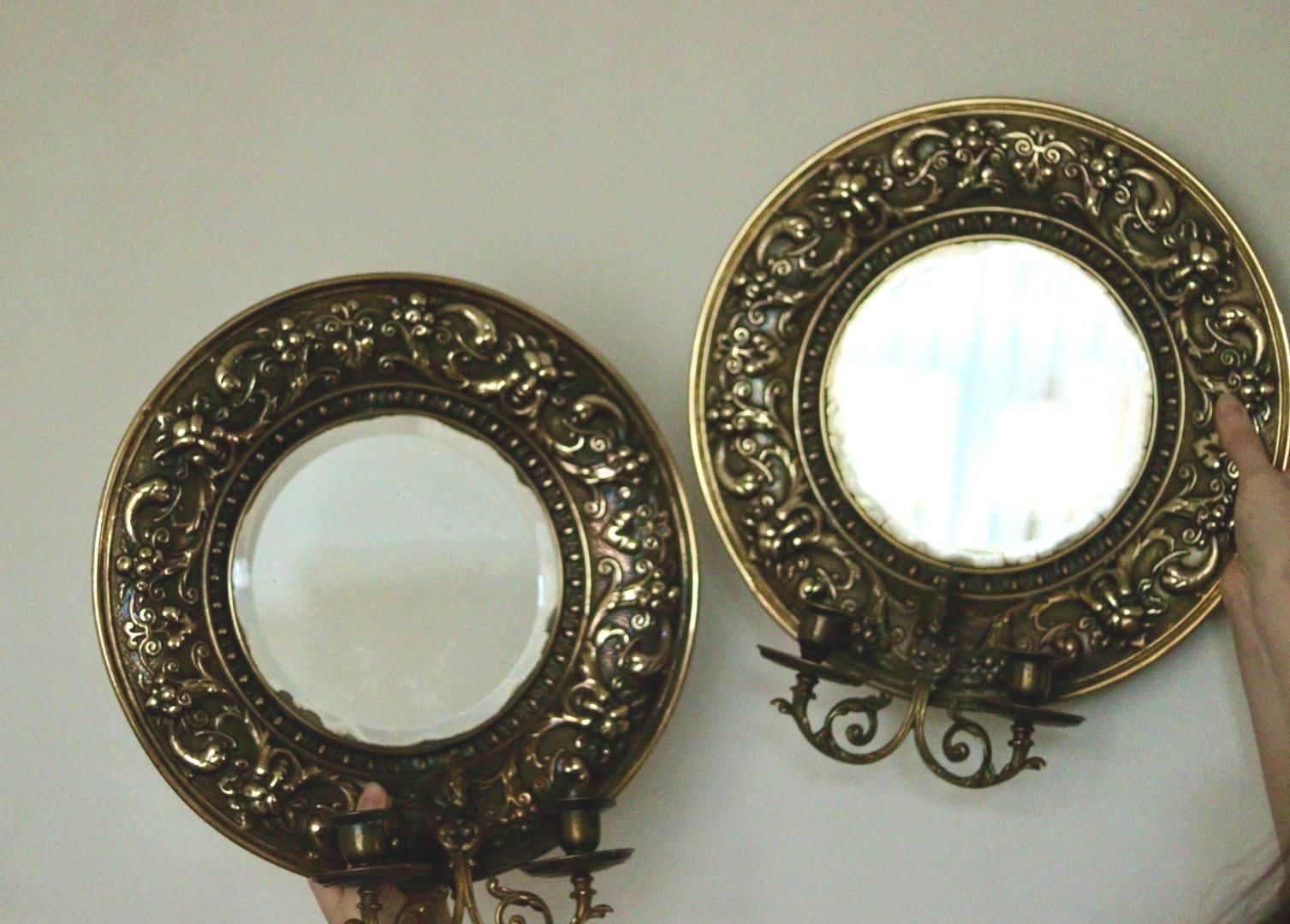 Pair Of Antique Swedish Brass Sconces With Mirror