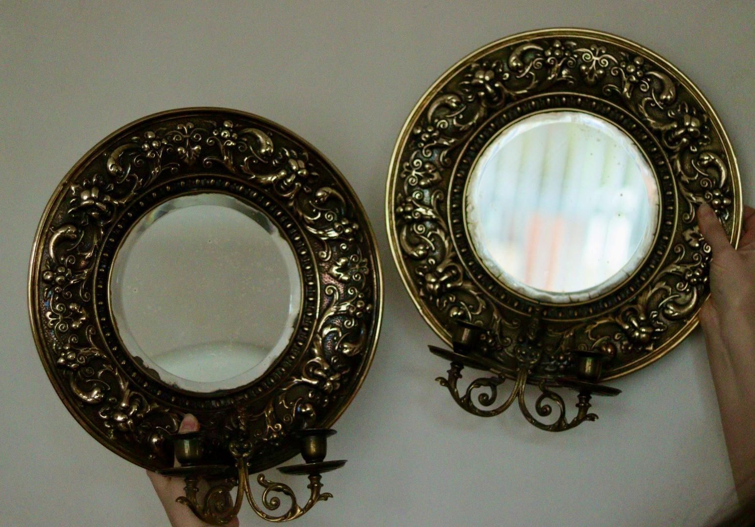 Pair Of Antique Swedish Brass Sconces With Mirror photo 345.0