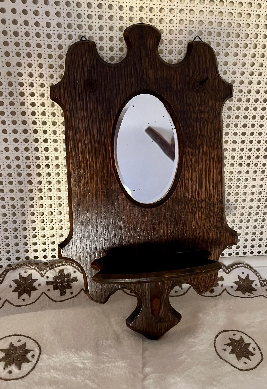 Small Antique Arts & Crafts Oval Mirror With Carved Shelf And Hooks Ready To Hang photo for sale