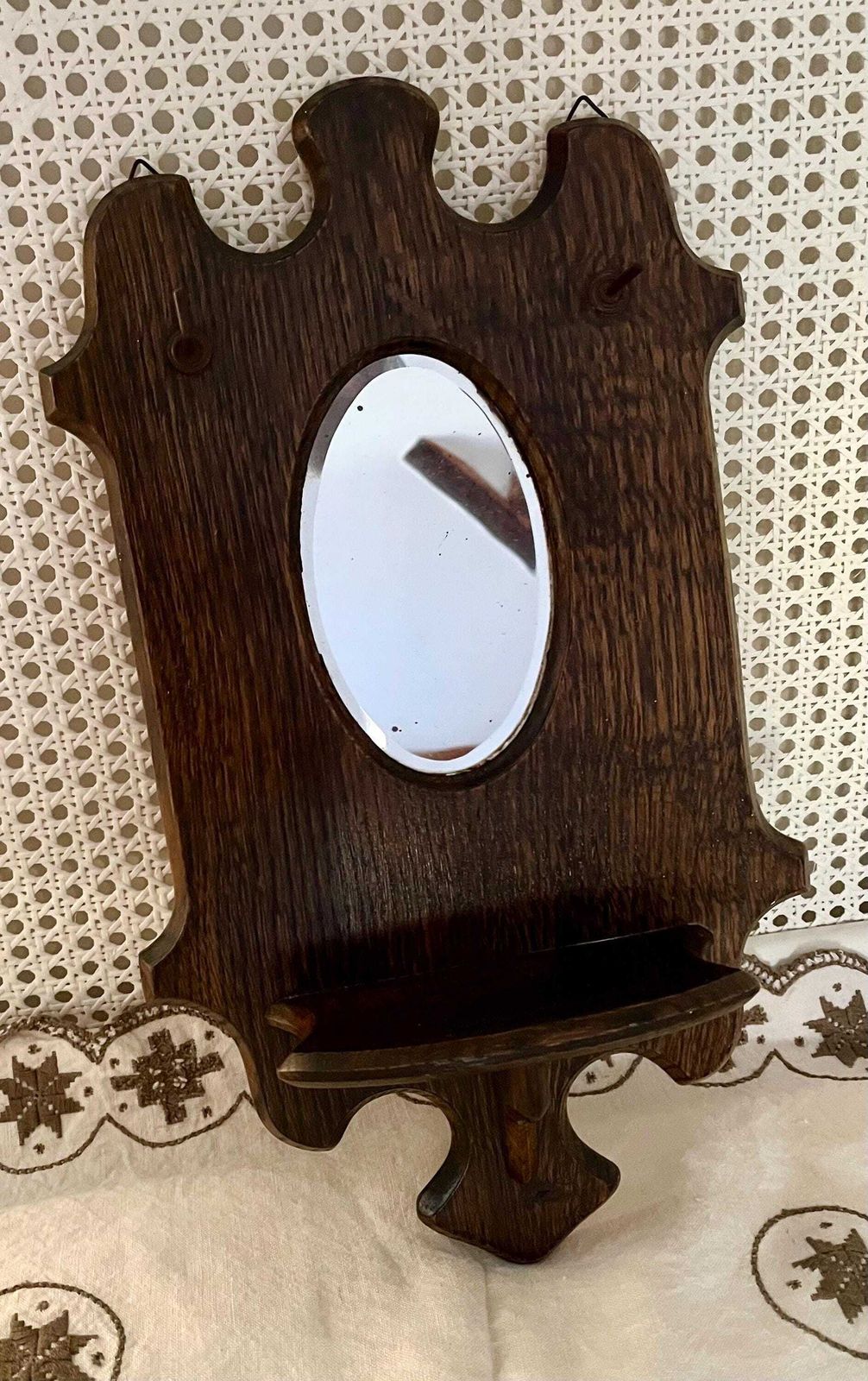 photo for sale Small Antique Arts & Crafts Oval Mirror With Carved Shelf And Hooks Ready To Hang