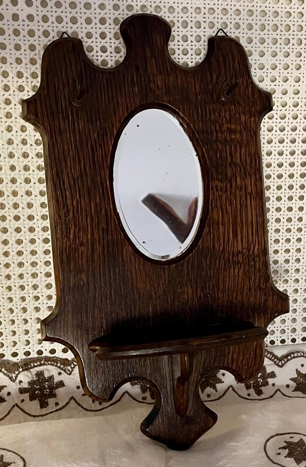 55.0 Small Antique Arts & Crafts Oval Mirror With Carved Shelf And Hooks Ready To Hang photo