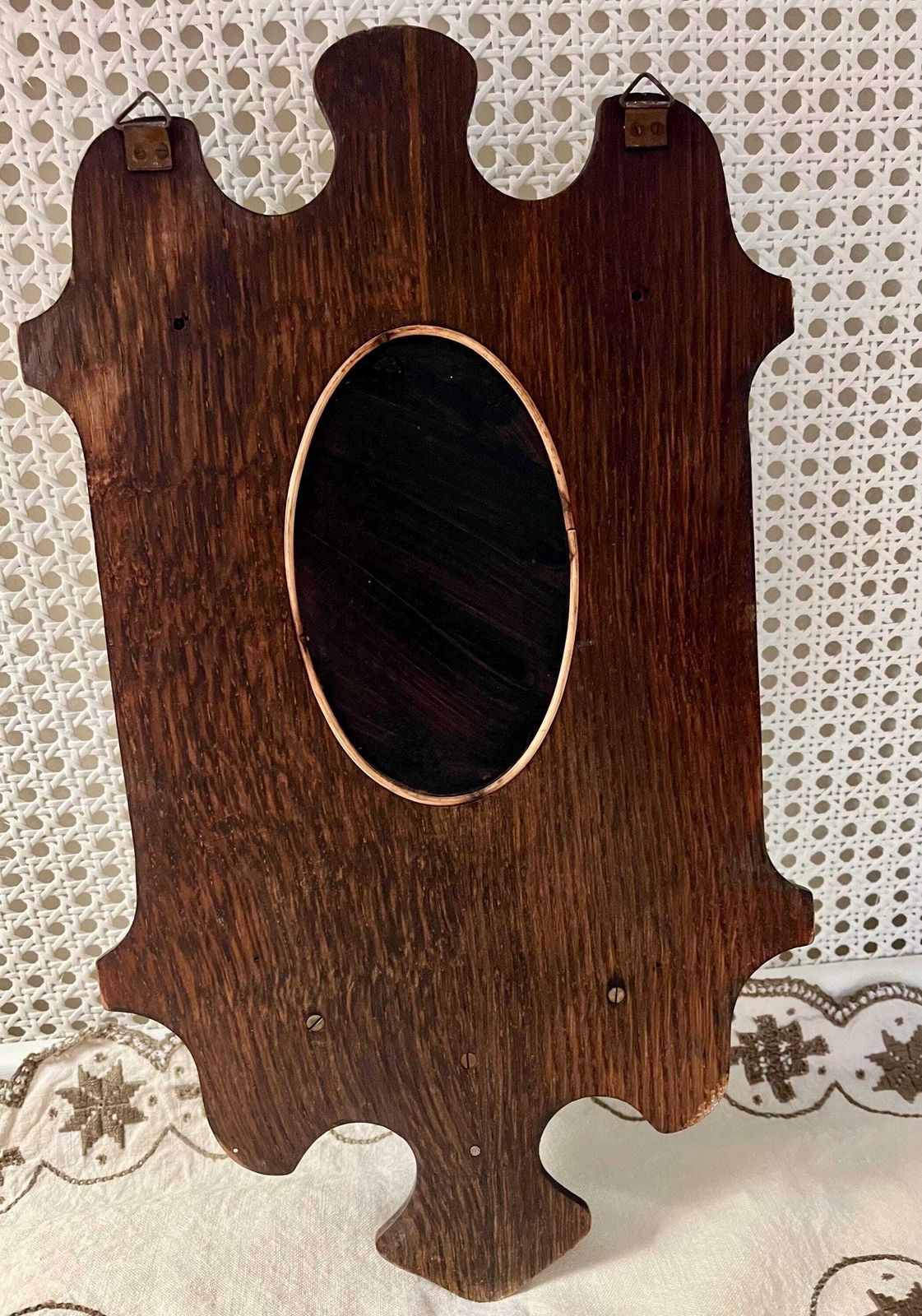 photo vinterior Small Antique Arts & Crafts Oval Mirror With Carved Shelf And Hooks Ready To Hang