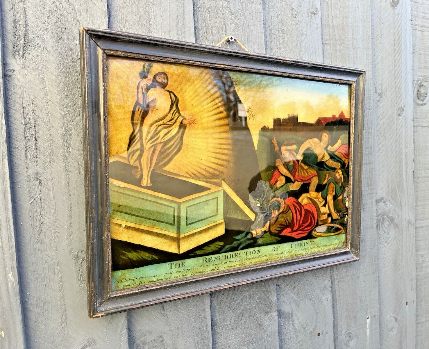 1810 Antique Resurrection Of Christ Reverse Glass Mezzotint Print Religious Icon