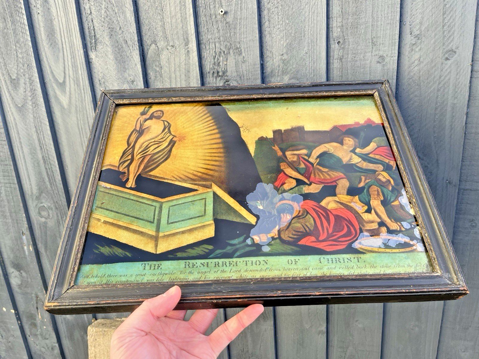 1810 Antique Resurrection Of Christ Reverse Glass Mezzotint Print Religious Icon photo furniture