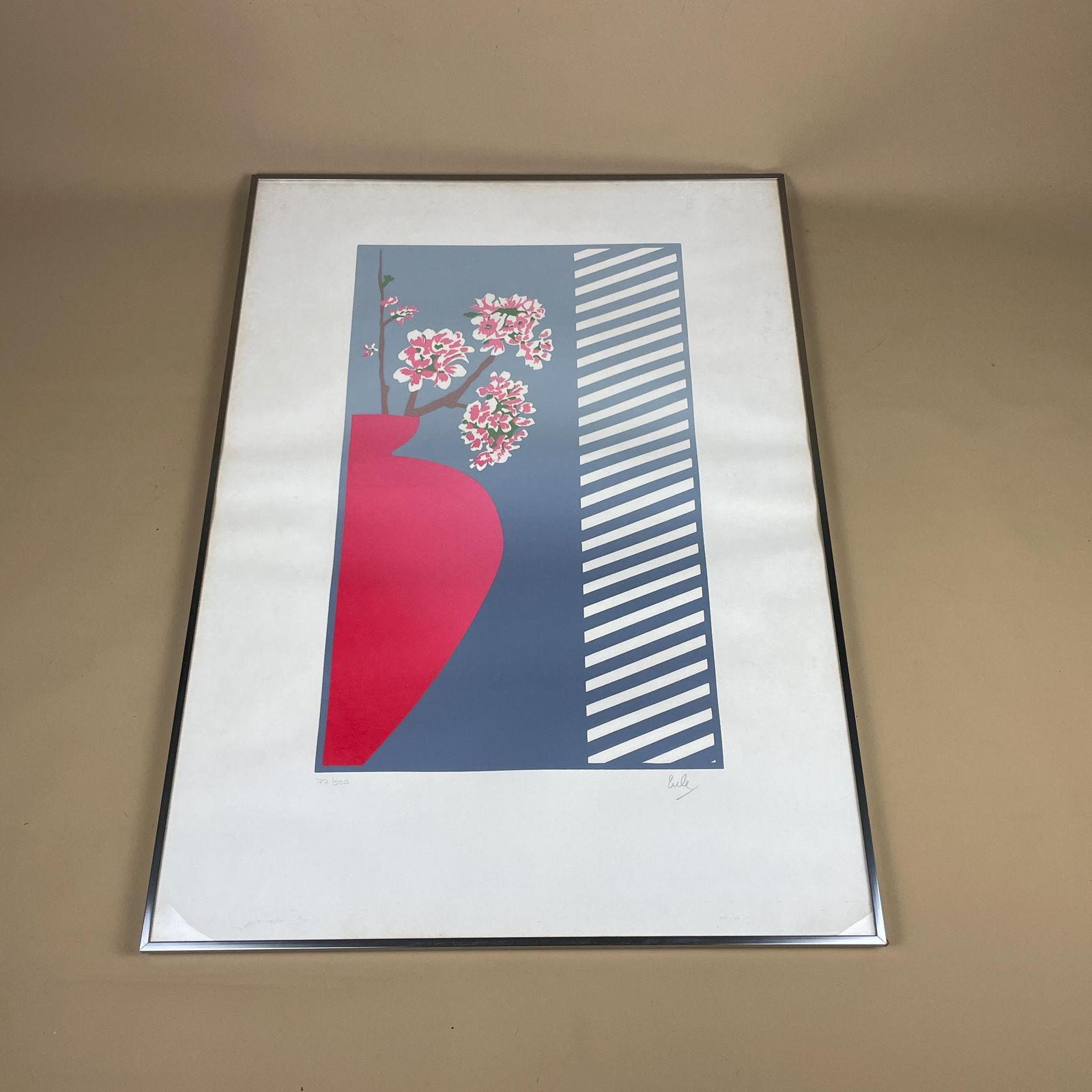 Modern Limited Edition Art Screen Print Signed Numbered 77/500 Floral Vase Contemporary Graphic Wall Art Red Blue Silver Metal Frame
