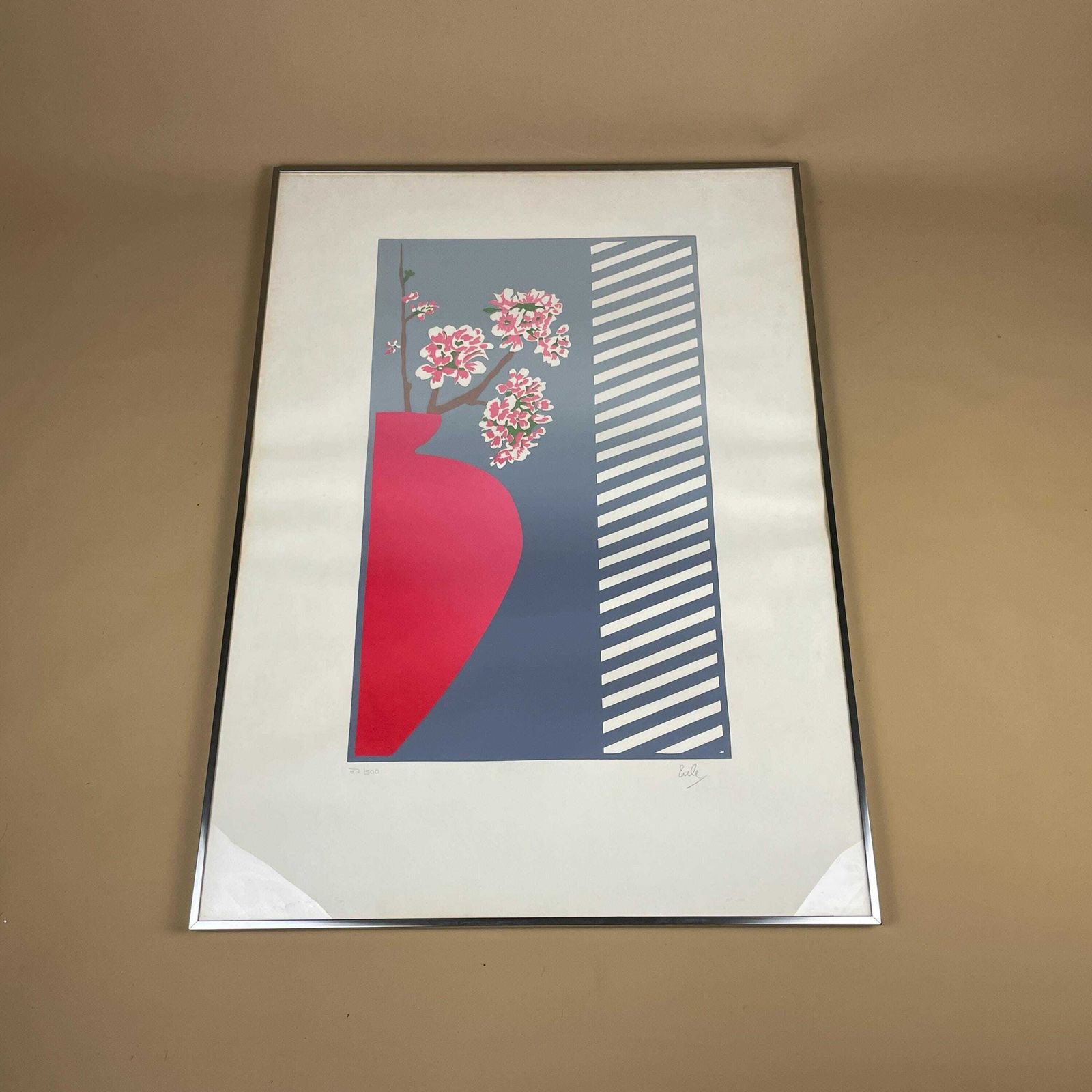 Modern Limited Edition Art Screen Print Signed Numbered 77/500 Floral Vase Contemporary Graphic Wall Art Red Blue Silver Metal Frame photo furniture