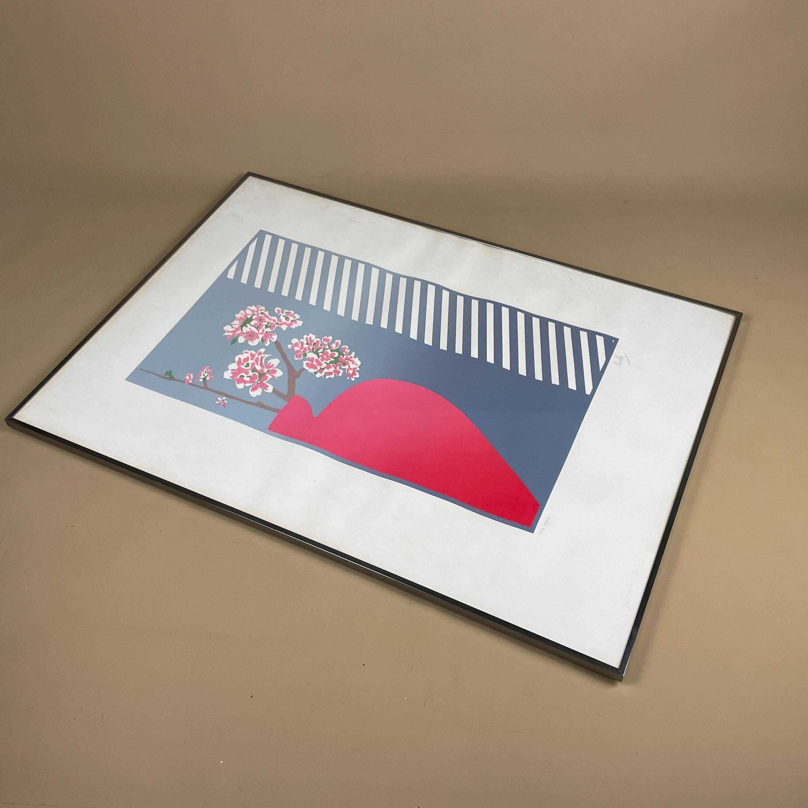 photo for sale Modern Limited Edition Art Screen Print Signed Numbered 77/500 Floral Vase Contemporary Graphic Wall Art Red Blue Silver Metal Frame