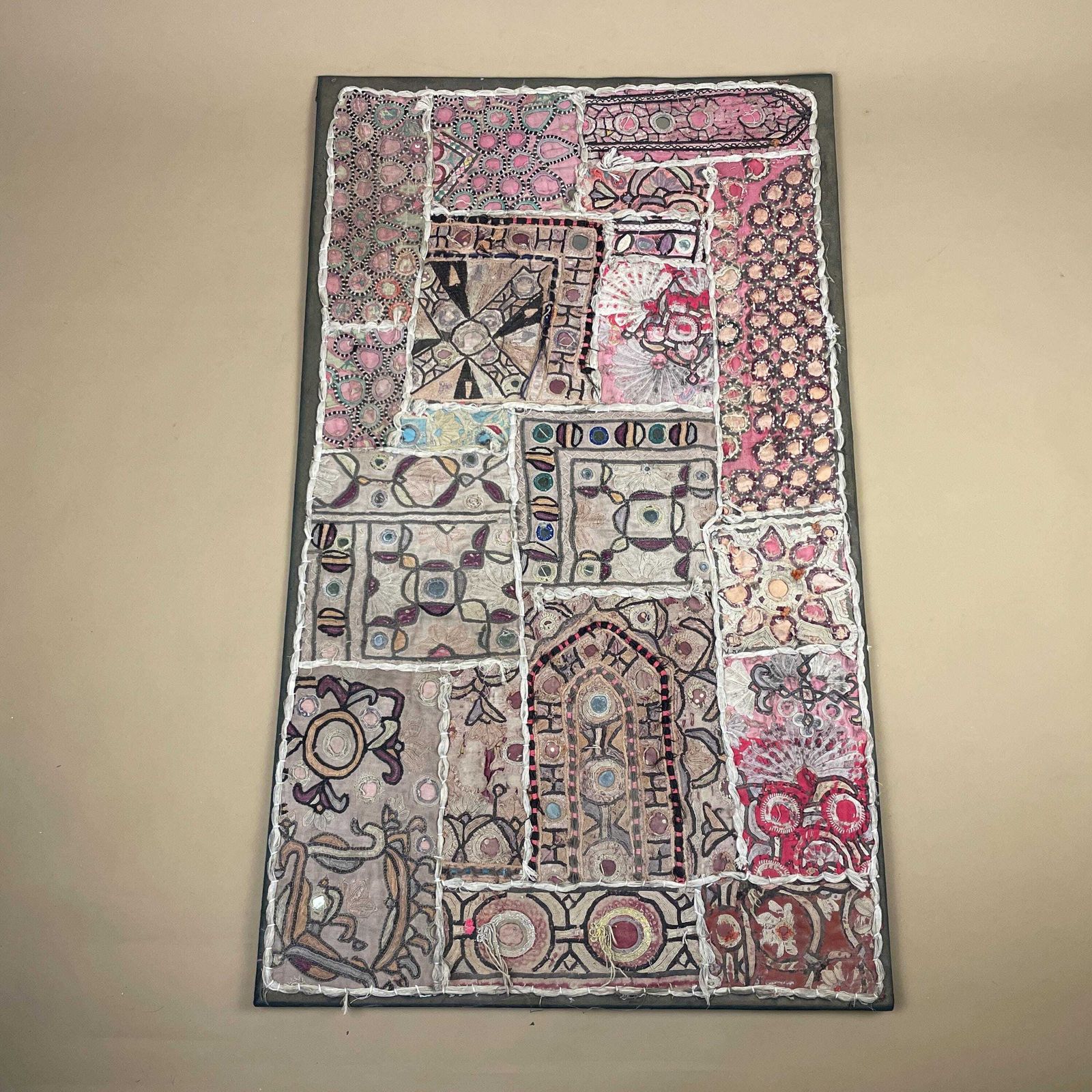 Vintage Indian Textile Patchwork Embroidered Fabric On Board Art Artwork Pink Boho Folk Accent Home Decor