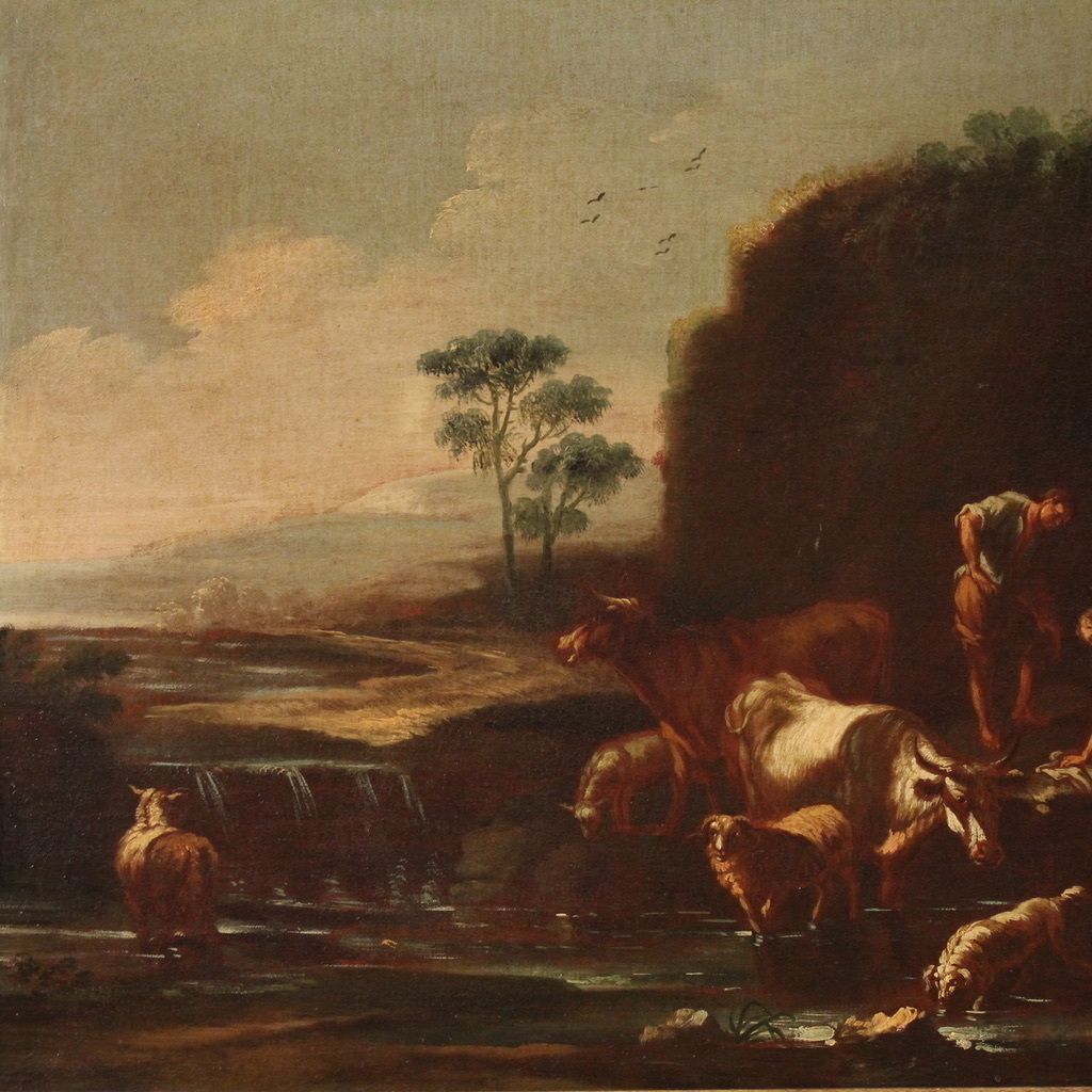 Painting Of The Roman School Of The 17th Century, Landscape With Pastoral Scene photo Art