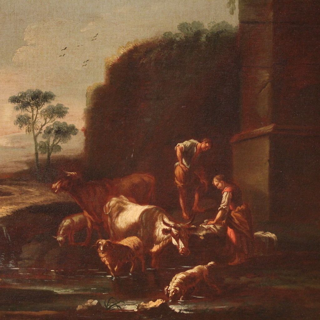 Painting Of The Roman School Of The 17th Century, Landscape With Pastoral Scene photo 3150.0