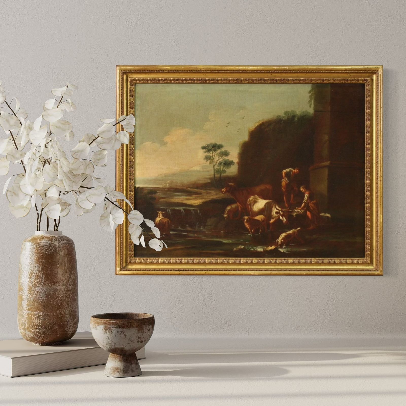 Painting Of The Roman School Of The 17th Century, Landscape With Pastoral Scene photo buy