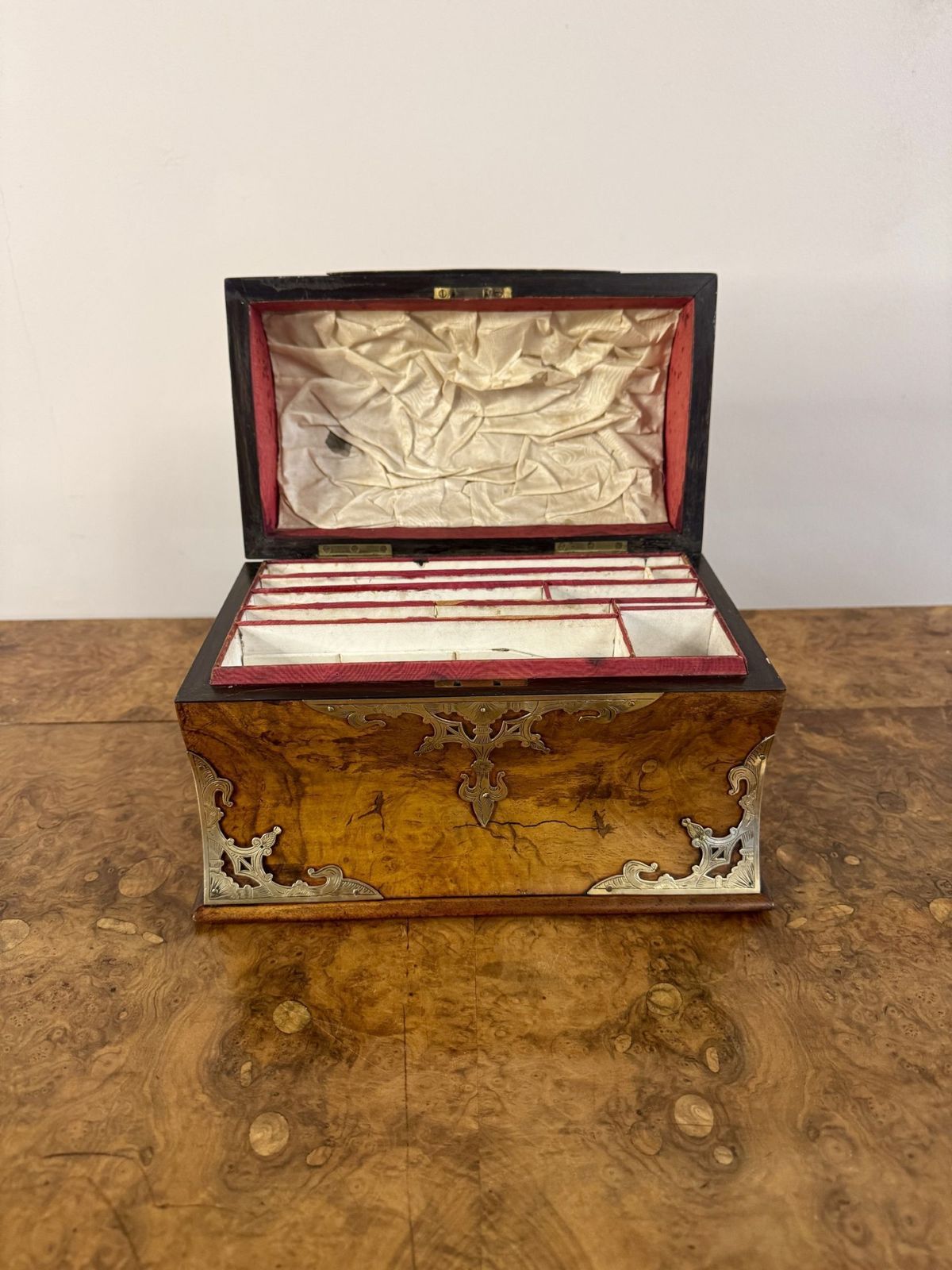 Magnificent Quality Antique Burr Walnut Brass Mounted Stationary Box photo for sale