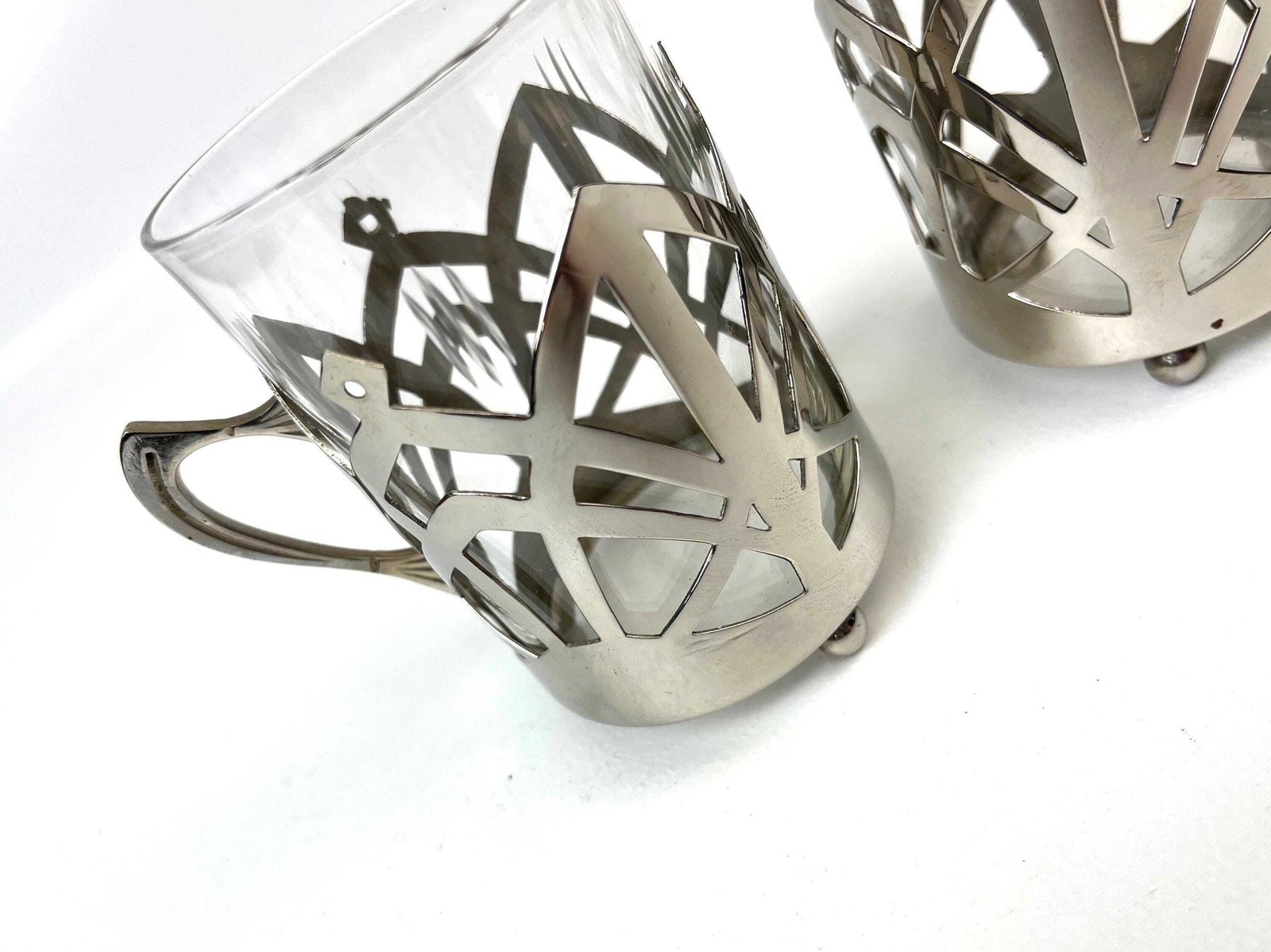 Stunning Avant Garde Pair Of Bauhaus Art Deco Tea & Coffee Glass Cups In Silver Plated Holders photo furniture