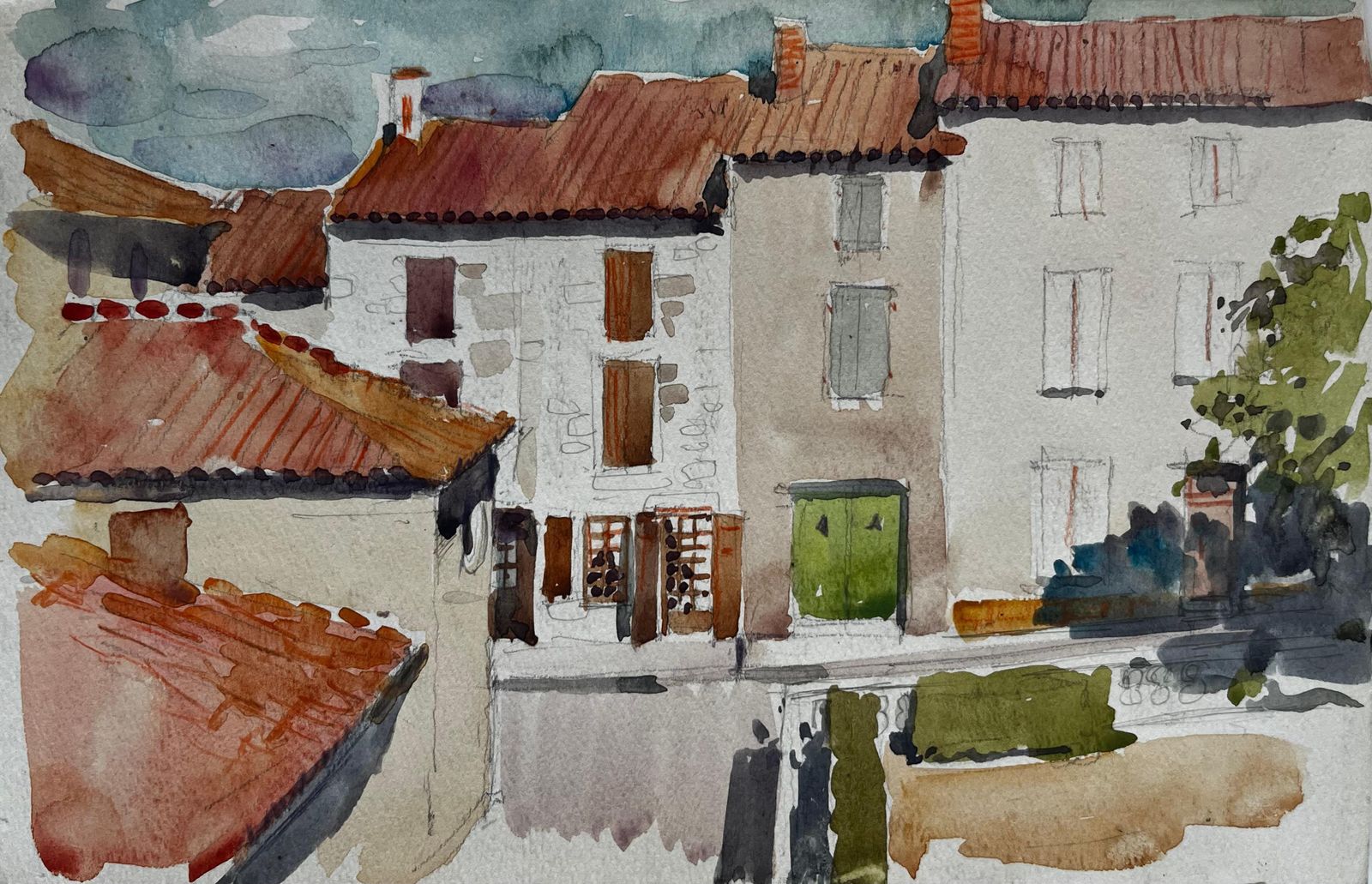 Pierre Neveu French Village Street Scene Terracotta Rooftops Stone Houses And Green Door