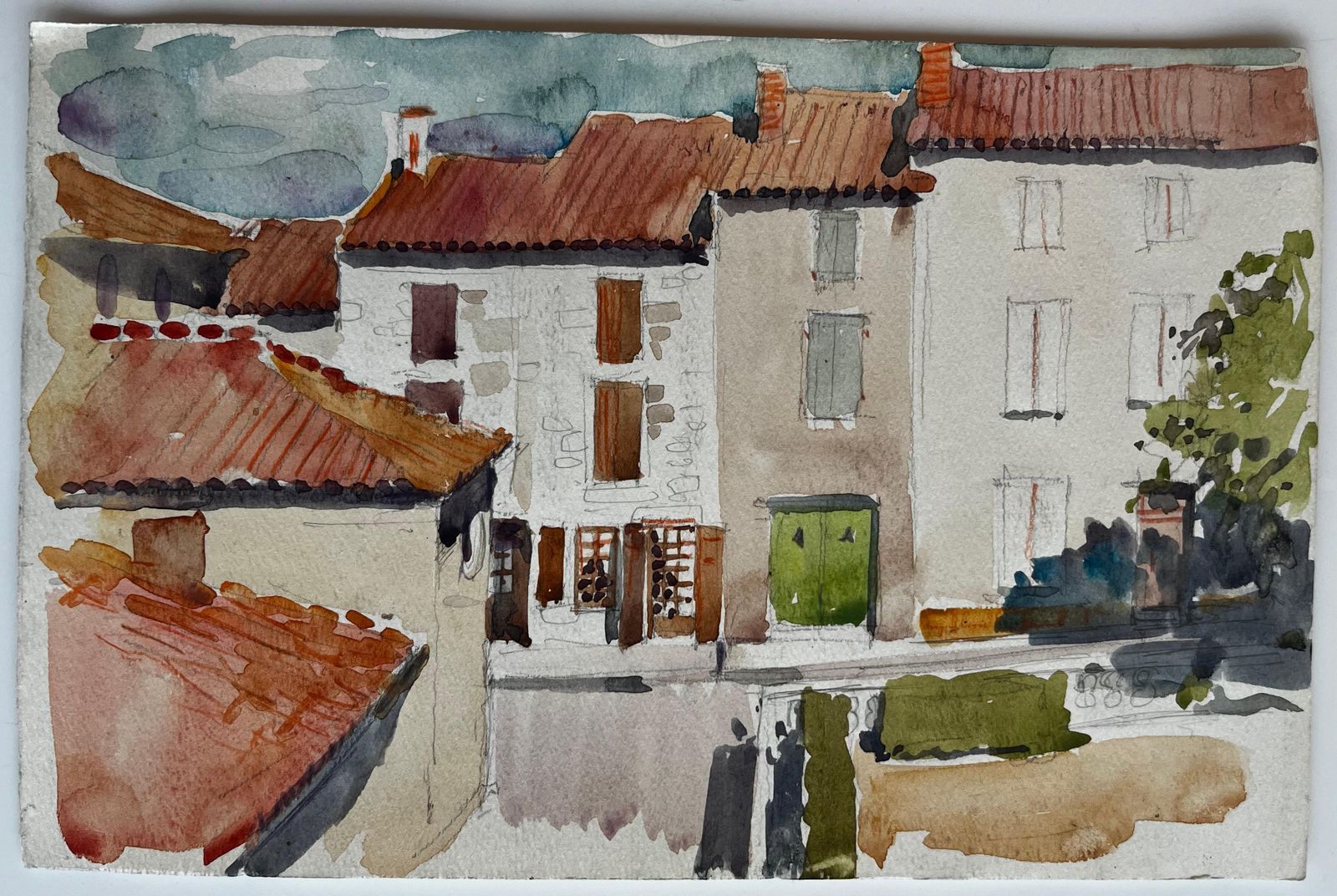 Pierre Neveu French Village Street Scene Terracotta Rooftops Stone Houses And Green Door photo furniture