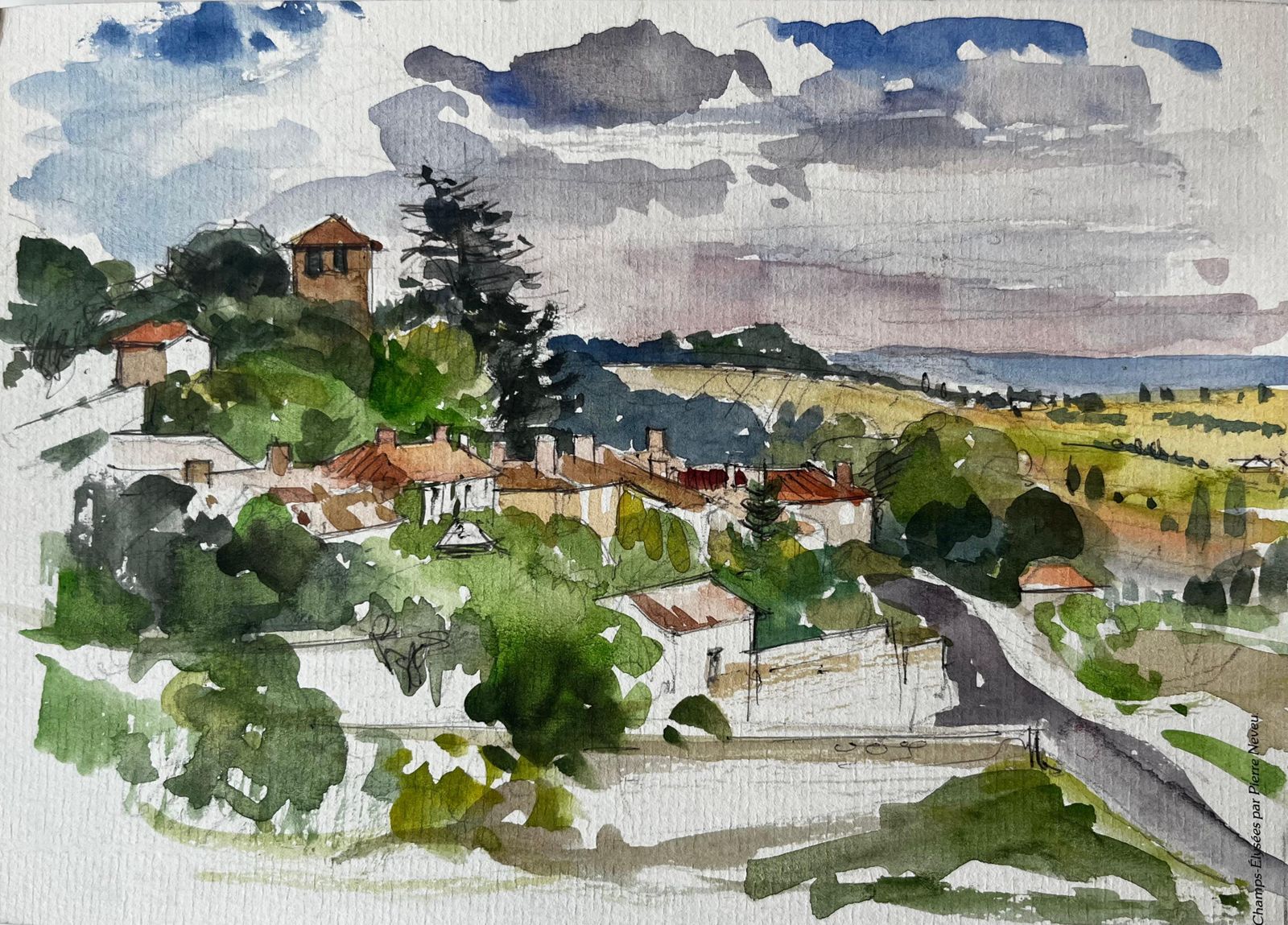 Pierre Neveu French Hilltop Village Fields Distant Landscape And Clouds Watercolor