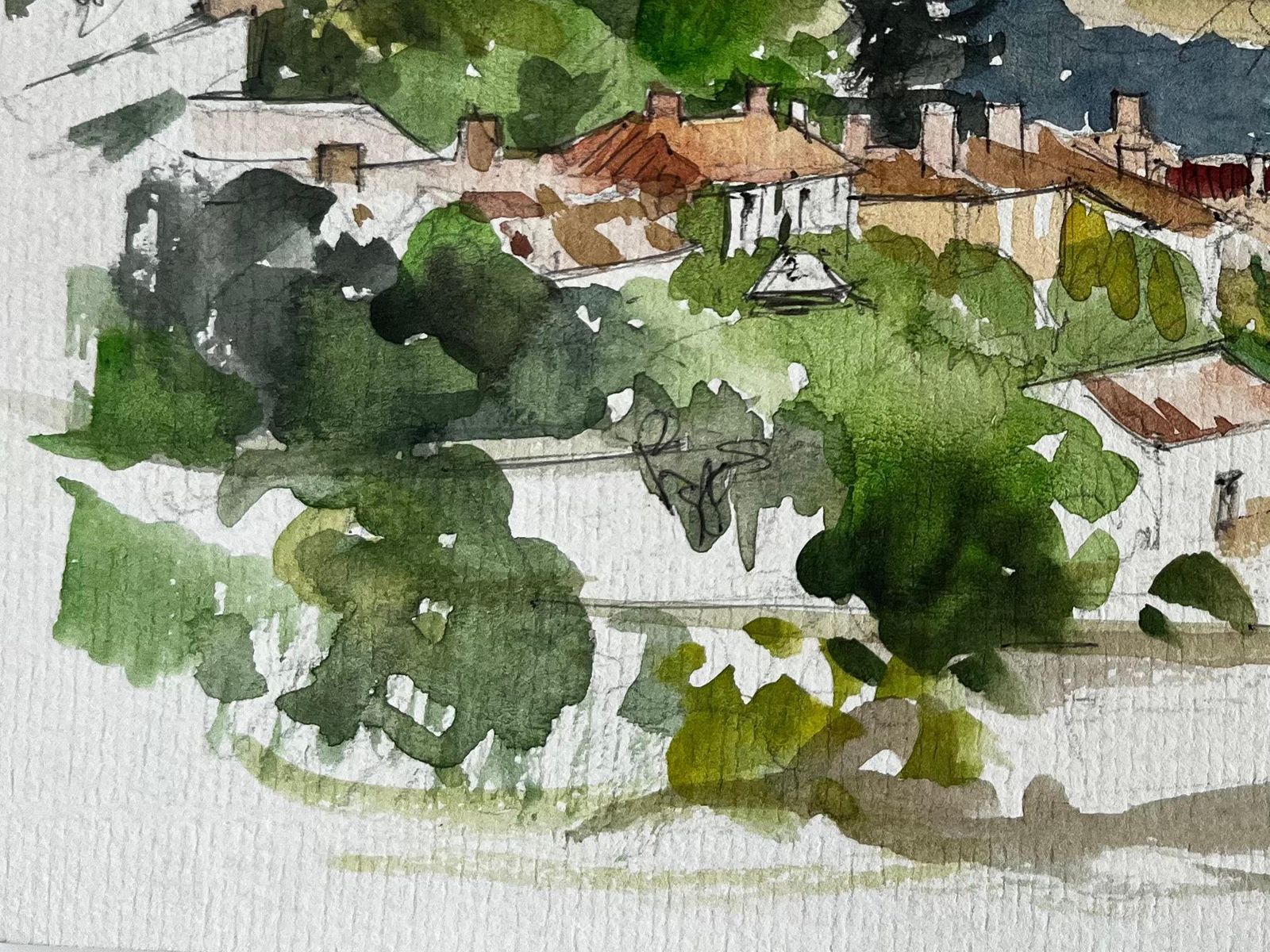 Pierre Neveu French Hilltop Village Fields Distant Landscape And Clouds Watercolor photo 515.0