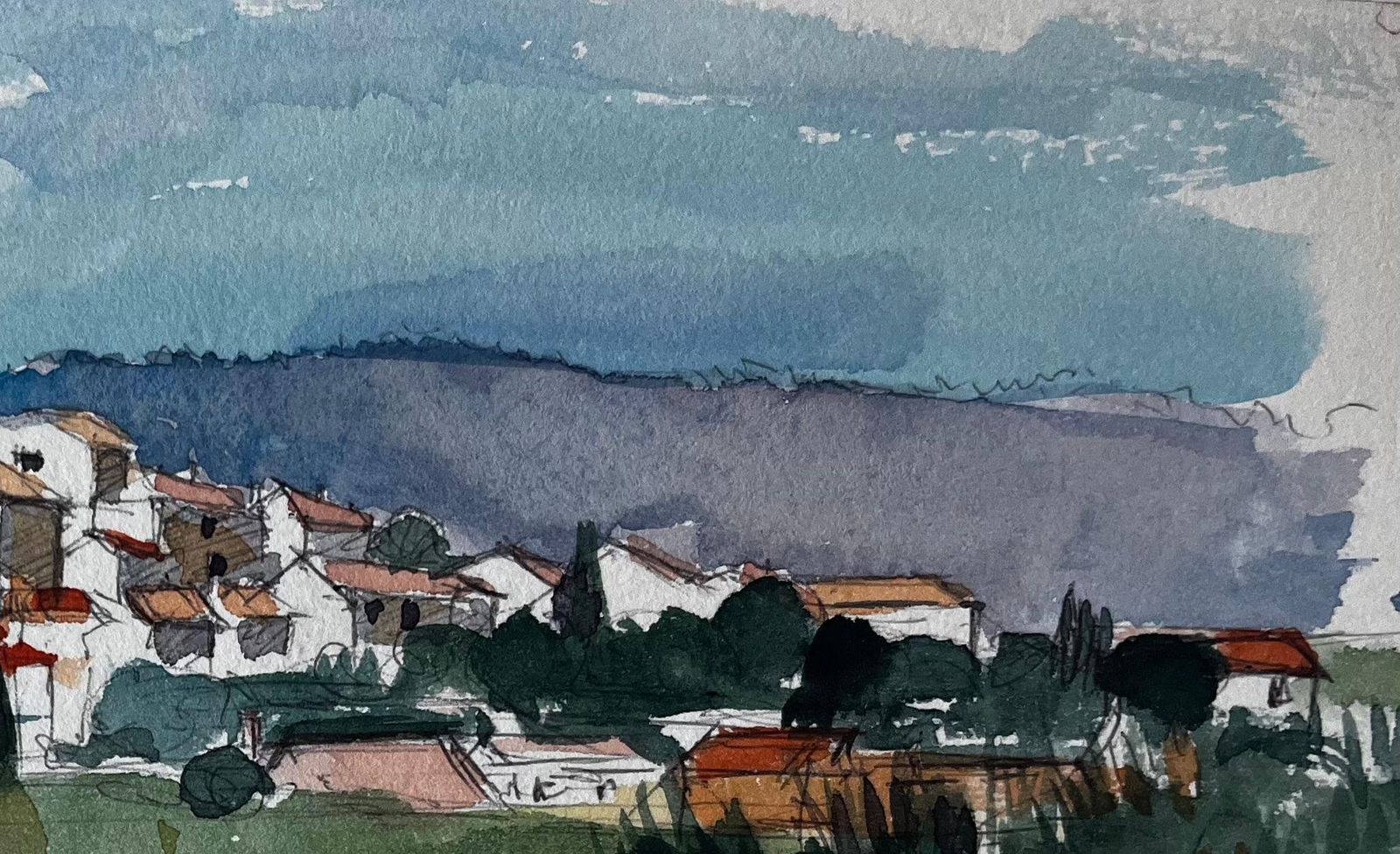 Pierre Neveu Sablet Village Hilltop View Church Tower Vineyards And Red Earth Watercolour photo Art