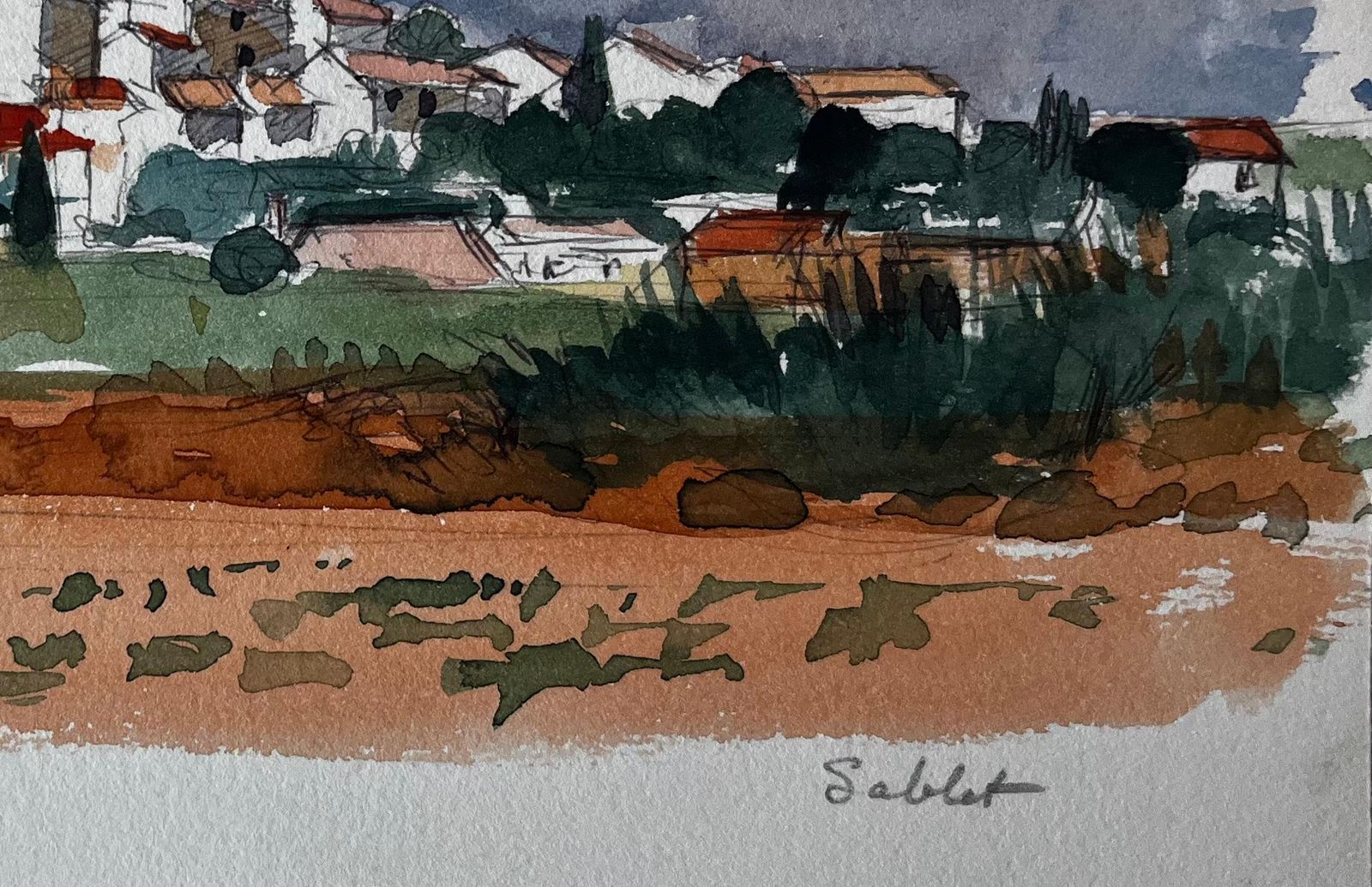 Pierre Neveu Sablet Village Hilltop View Church Tower Vineyards And Red Earth Watercolour photo 440.0