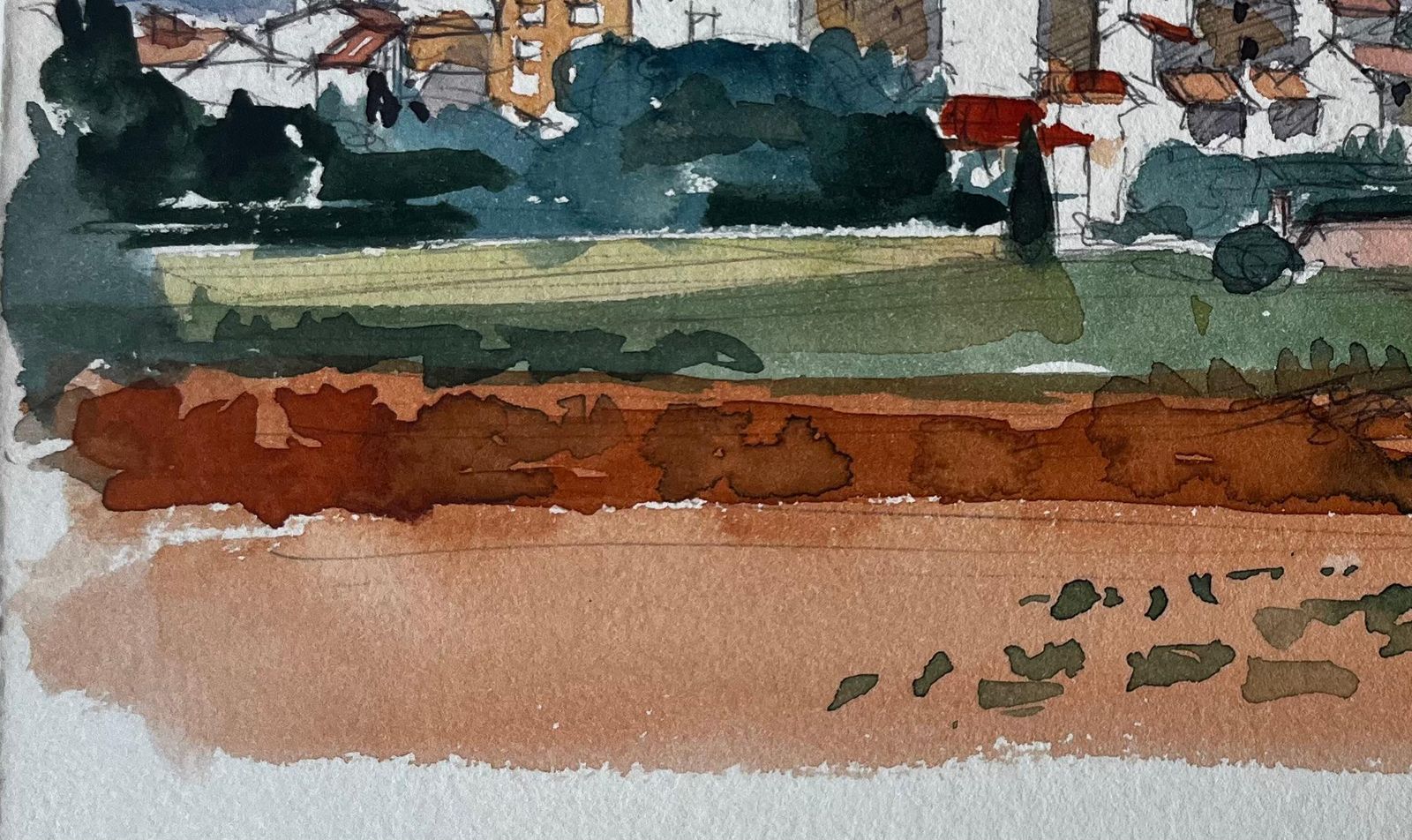 Pierre Neveu Sablet Village Hilltop View Church Tower Vineyards And Red Earth Watercolour photo vinterior