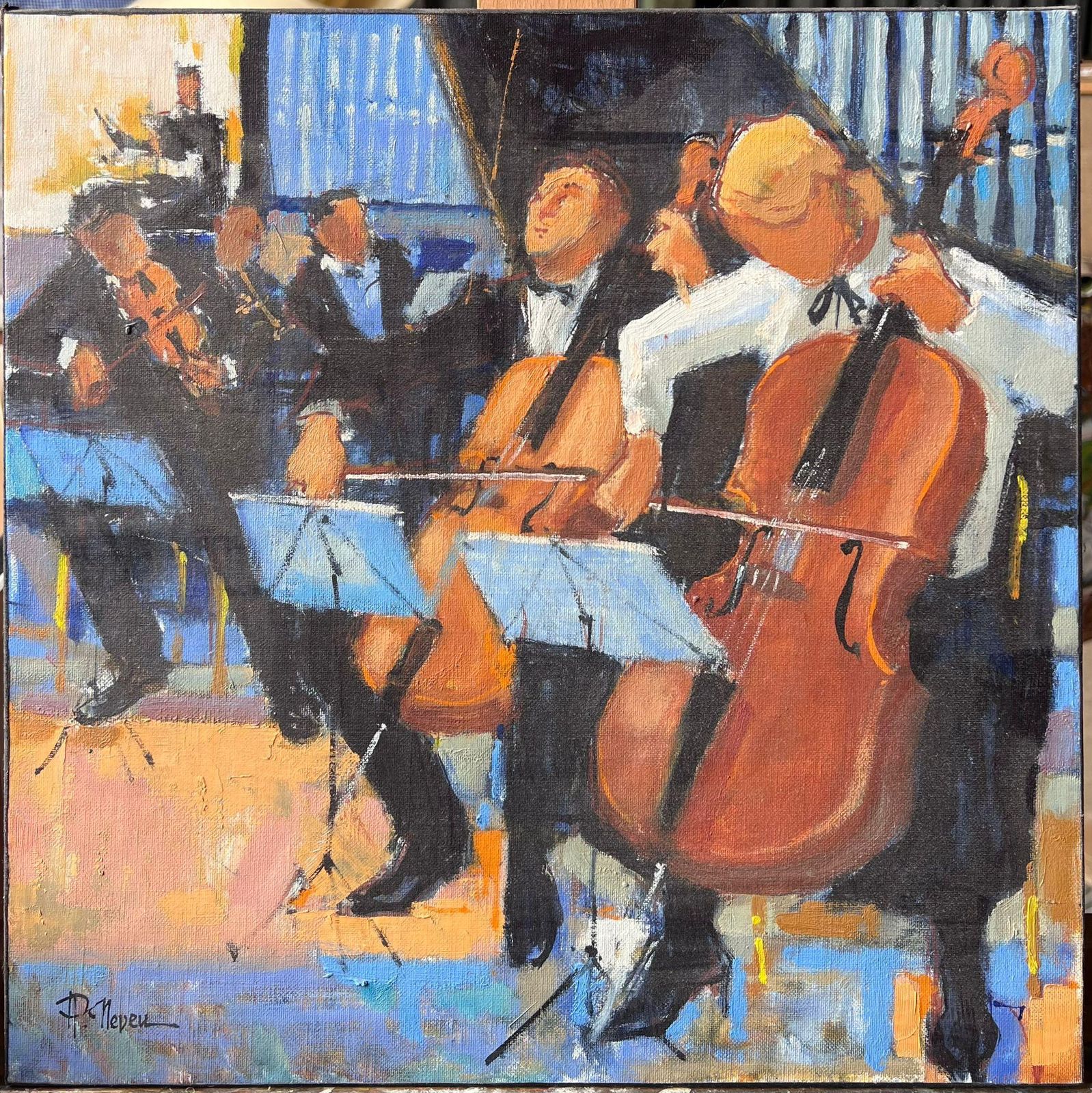Pierre Neveu Orchestra Musicians Playing Cellos And Violins In Warm Concert Scene French Oil photo furniture
