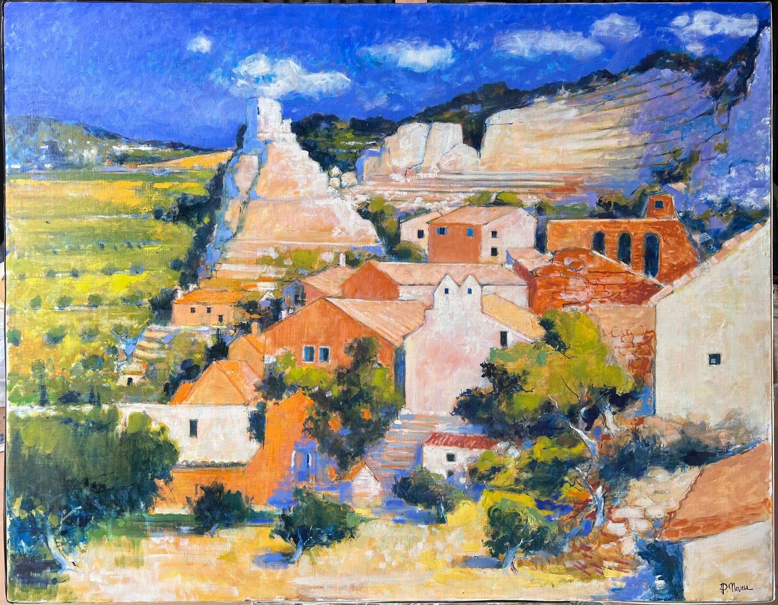 Pierre Neveu Huge Sunlit Hilltop Balazuc With Tall Cliffs And Terracotta Homes Oil Painting photo furniture