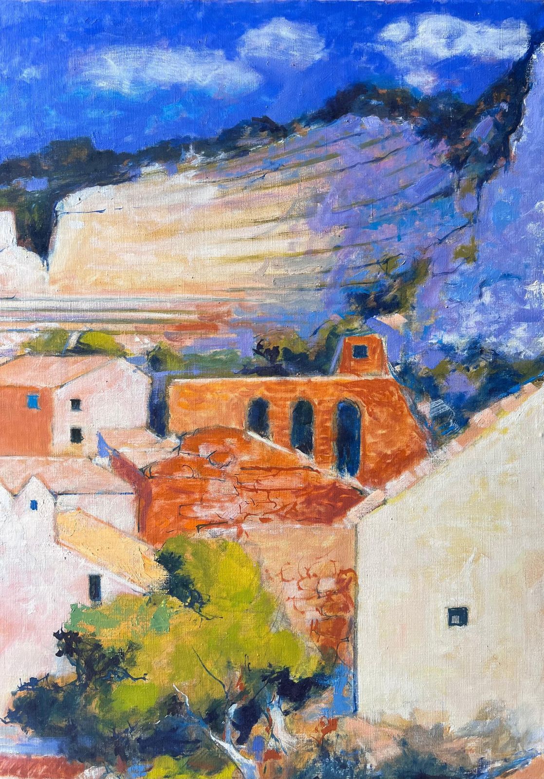 Pierre Neveu Huge Sunlit Hilltop Balazuc With Tall Cliffs And Terracotta Homes Oil Painting photo for sale