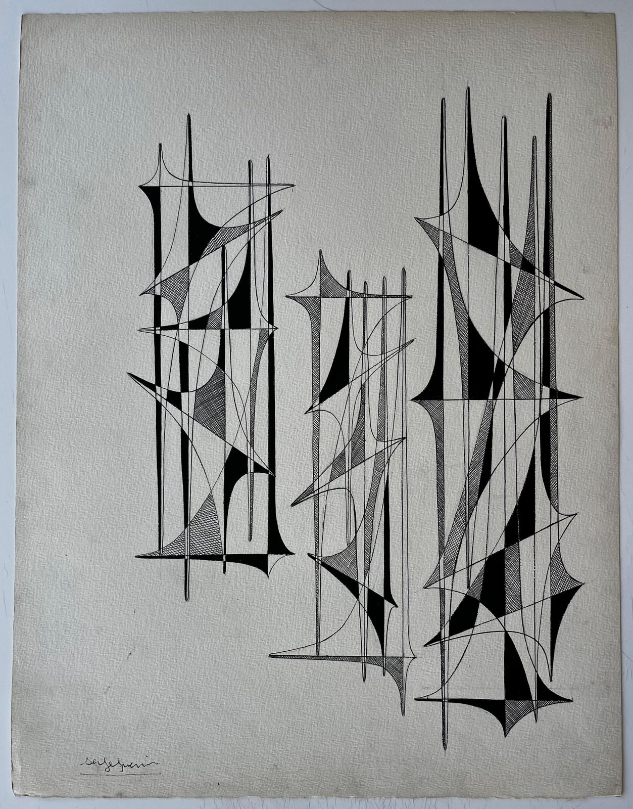 Serge Guerin (1916) Mid Century French Black And White Linear Geometric Abstract Drawing photo furniture