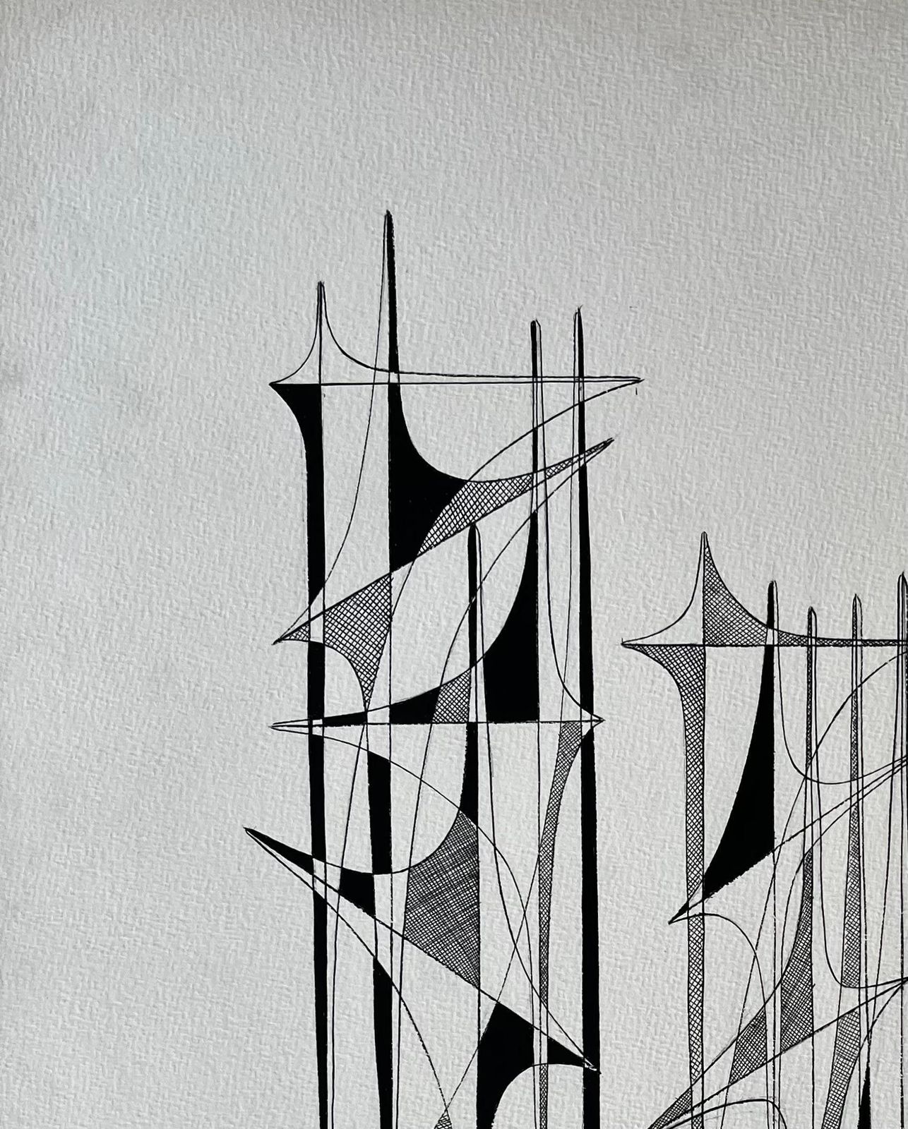 Serge Guerin (1916) Mid Century French Black And White Linear Geometric Abstract Drawing photo Art